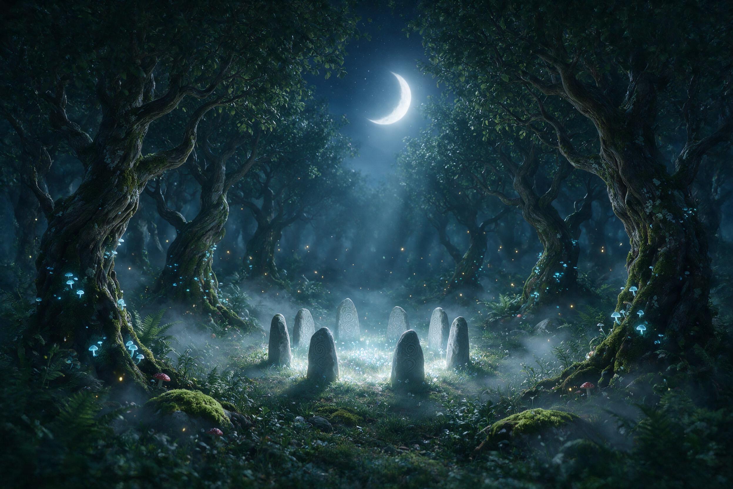 A moonlit enchanted forest clearing, ancient twisted trees adorned with glowing blue mushrooms, soft mist drifting between ferns, a small stone circle at center emitting faint ethereal light, fireflies dancing in cool twilight air, shallow depth of field, gentle volumetric rays from crescent moon ab