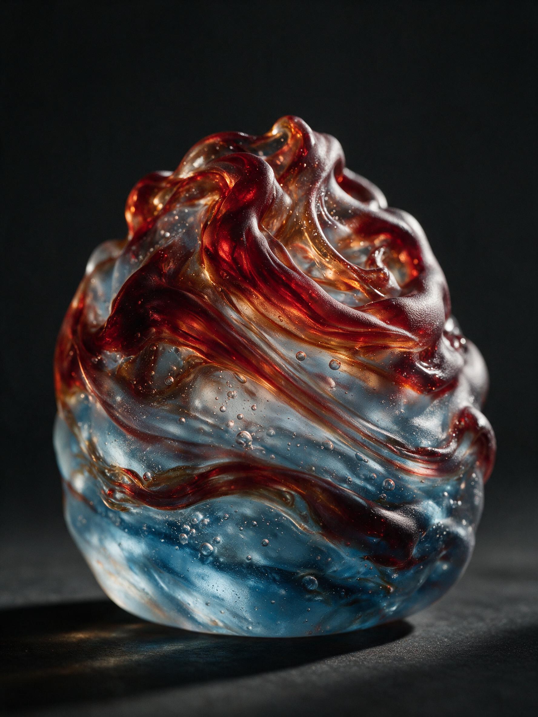 Close-up shot of swirling molten glass, deep crimson and amber strands folding over translucent ice-blue layers, delicate bubbles frozen mid-rise, harsh side light casting long shadows, matte texture, minimal composition on a dark charcoal background, no text, no watermark