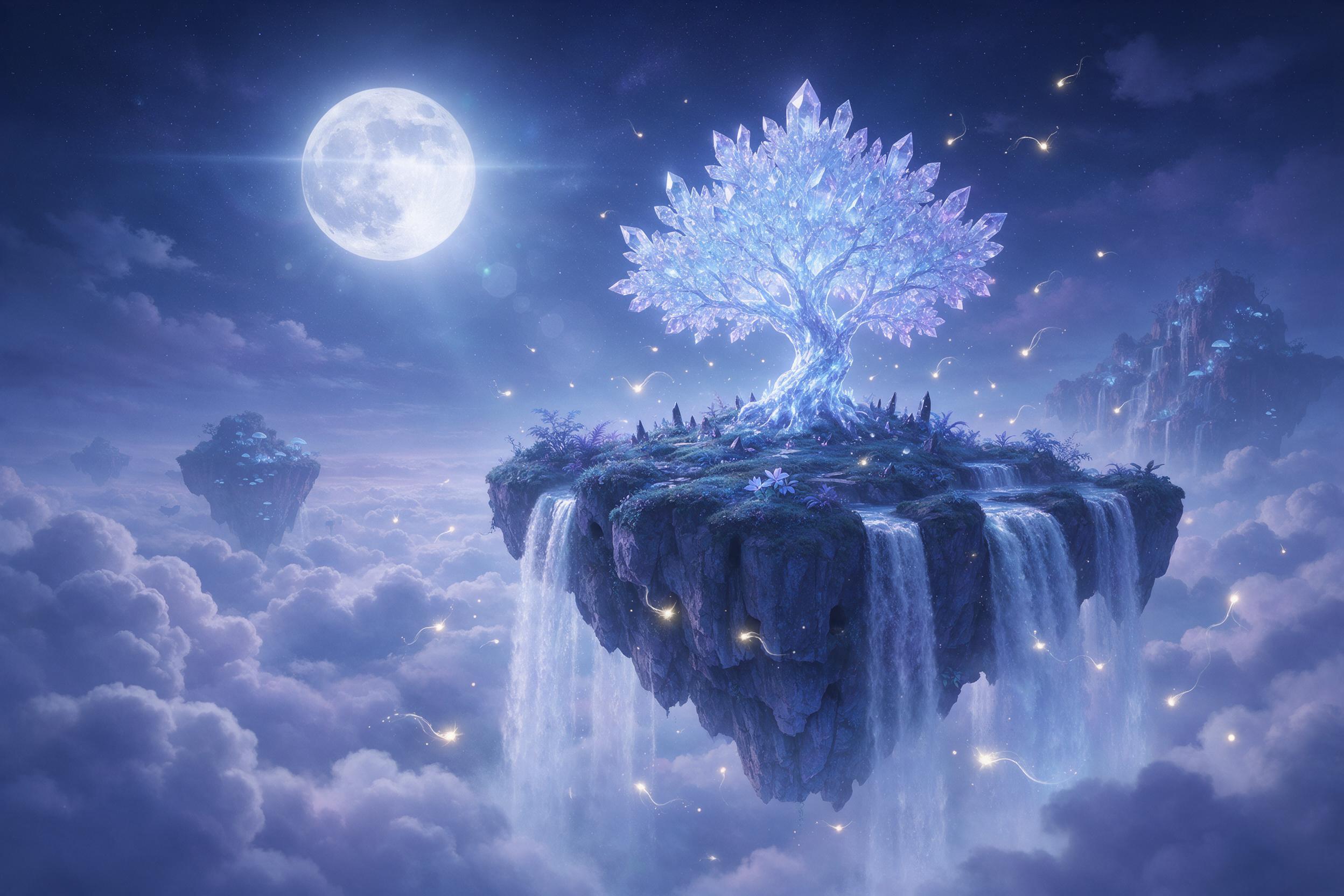 A moonlit floating island with a glowing crystal tree, waterfalls cascading into misty clouds, fireflies weaving light trails, soft blue and violet palette, ethereal atmosphere, wide angle composition, gentle lens flare.