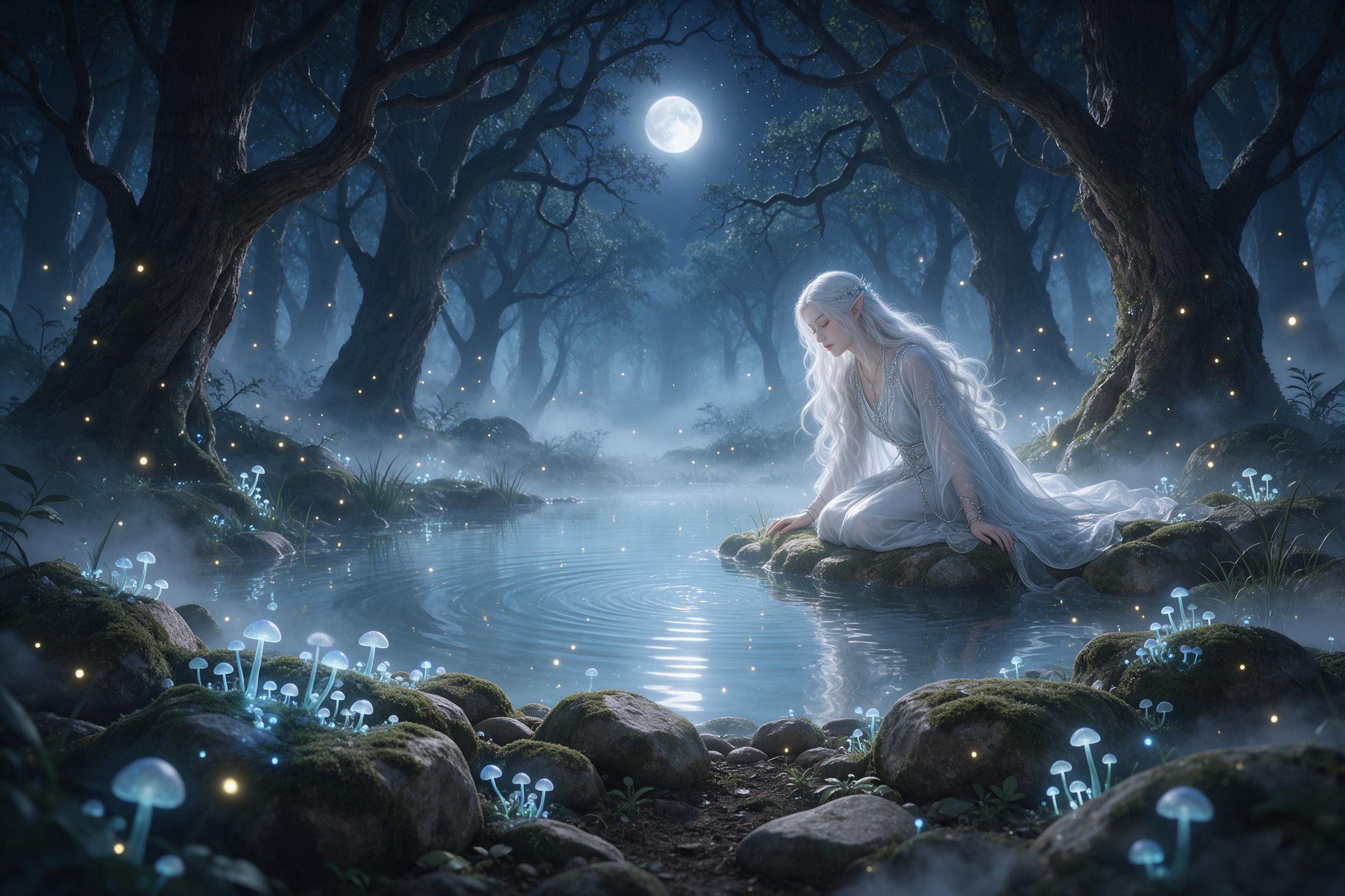 A moonlit ancient forest clearing, bioluminescent mushrooms casting soft blue glow, a silver-haired elf woman in flowing robes, kneeling by a crystal-clear pond, mist swirling around mossy stones, ethereal fireflies, dappled moonlight through gnarled branches, gentle water ripples, dreamy atmosphere