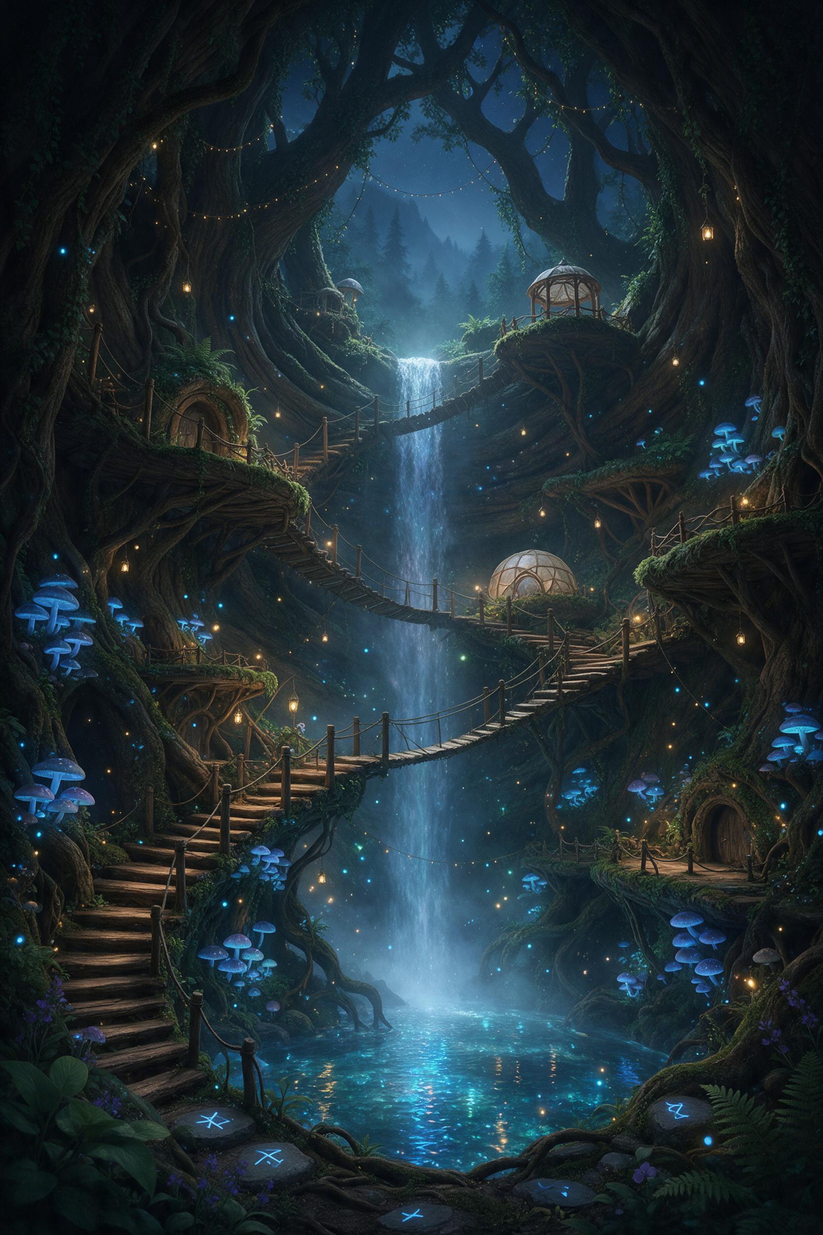 A hidden fairy village nestled in a giant hollow tree, glowing with soft blue light from fireflies and luminescent mushrooms, winding staircases carved into bark, a waterfall cascading into a crystal pool, lush moss and ferns, misty atmosphere, ethereal magic, deep green and teal tones, dynamic vert