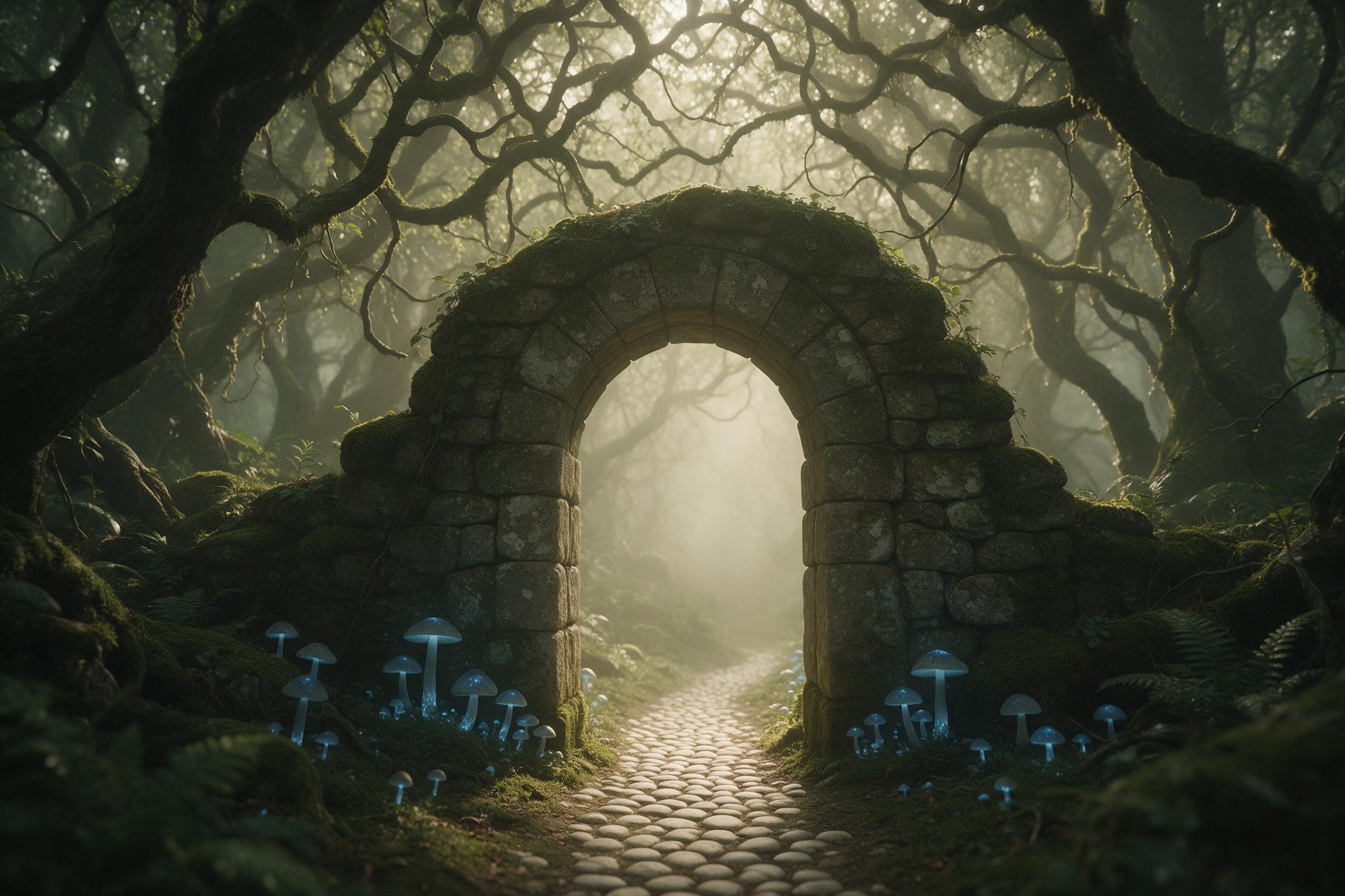 A moss-covered stone archway stands in a misty ancient forest, glowing blue mushrooms cluster around its base, a narrow path of pale cobblestones leads into soft golden fog, dappled light filters through twisted branches overhead, muted greens and earth tones, negative space above, medium shot, pain