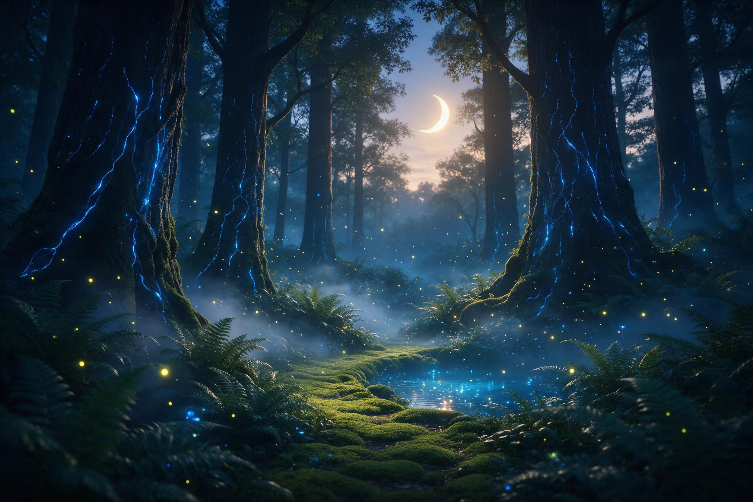 A bioluminescent forest at twilight, towering ancient trees with glowing blue veins, mist curling between ferns, fireflies drifting like stars, a winding path of soft moss leading to a shimmering pool, gentle golden light from a crescent moon filtering through canopy, ethereal atmosphere, medium sho