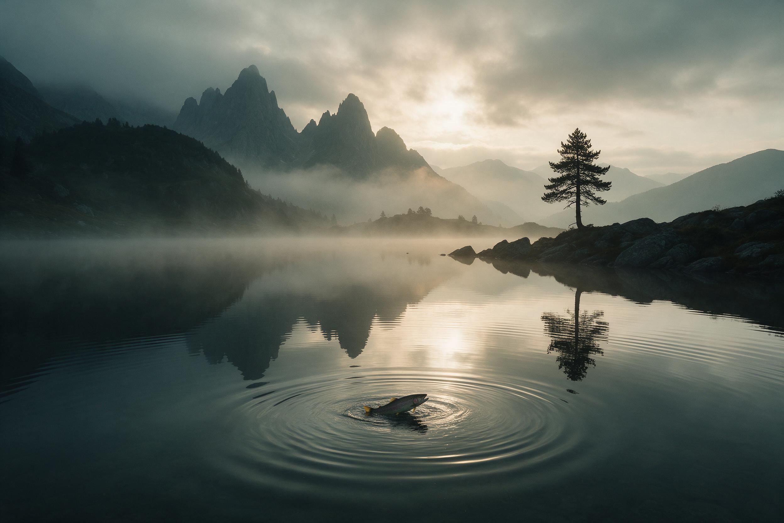 A misty alpine lake at dawn, still water reflecting jagged peaks, a lone pine silhouette on the rocky shore, soft golden light breaking through low clouds, gentle ripples from a rising trout, muted teal and amber palette, wide-angle composition with layered ridgelines fading into haze.