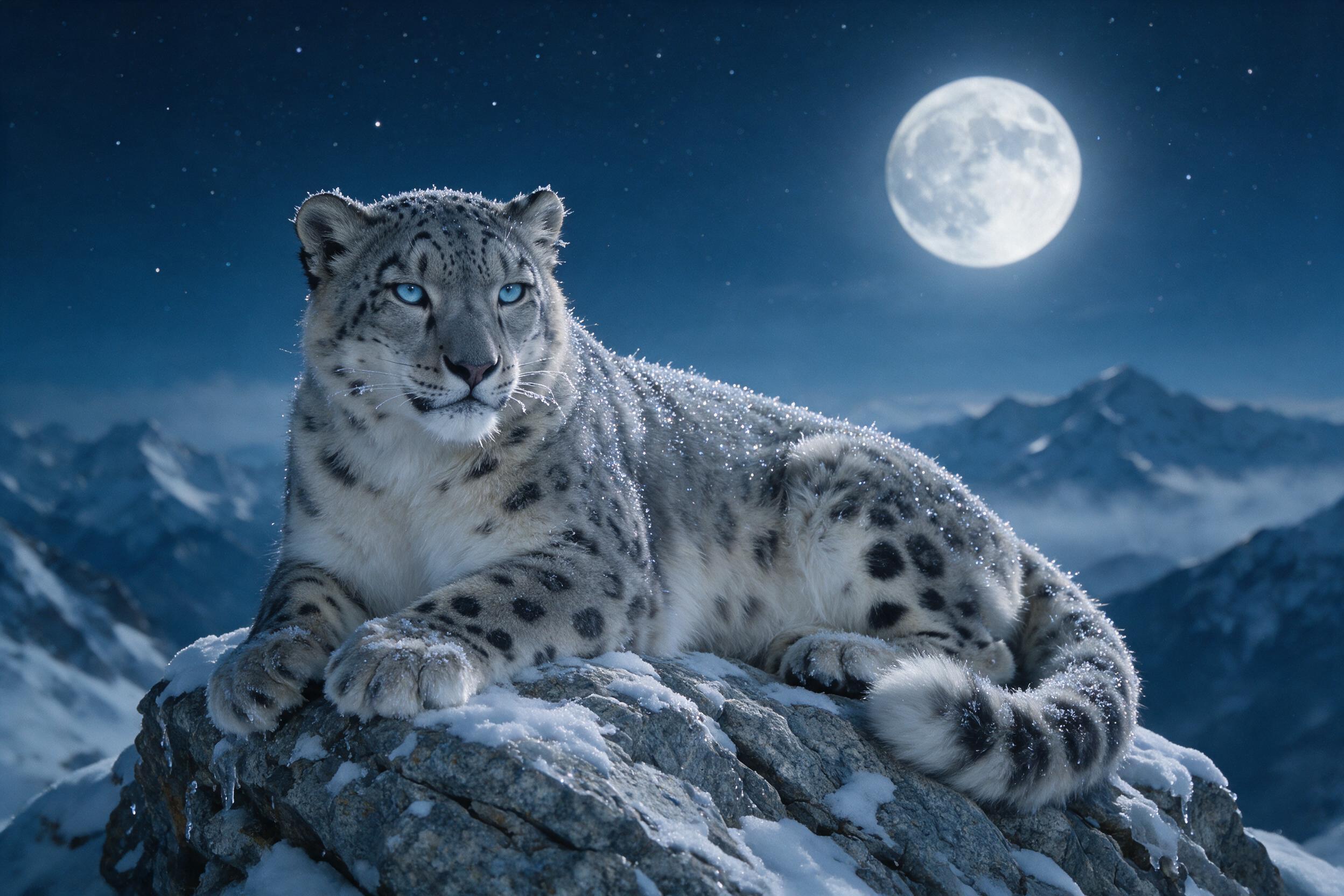 A close-up of a majestic snow leopard resting on a rocky outcrop under a full moon. Its fur glistens with frost, and the background is a deep blue mountain landscape with faint stars. Shot with a 300mm lens, shallow depth of field, natural moonlight, slight grain.