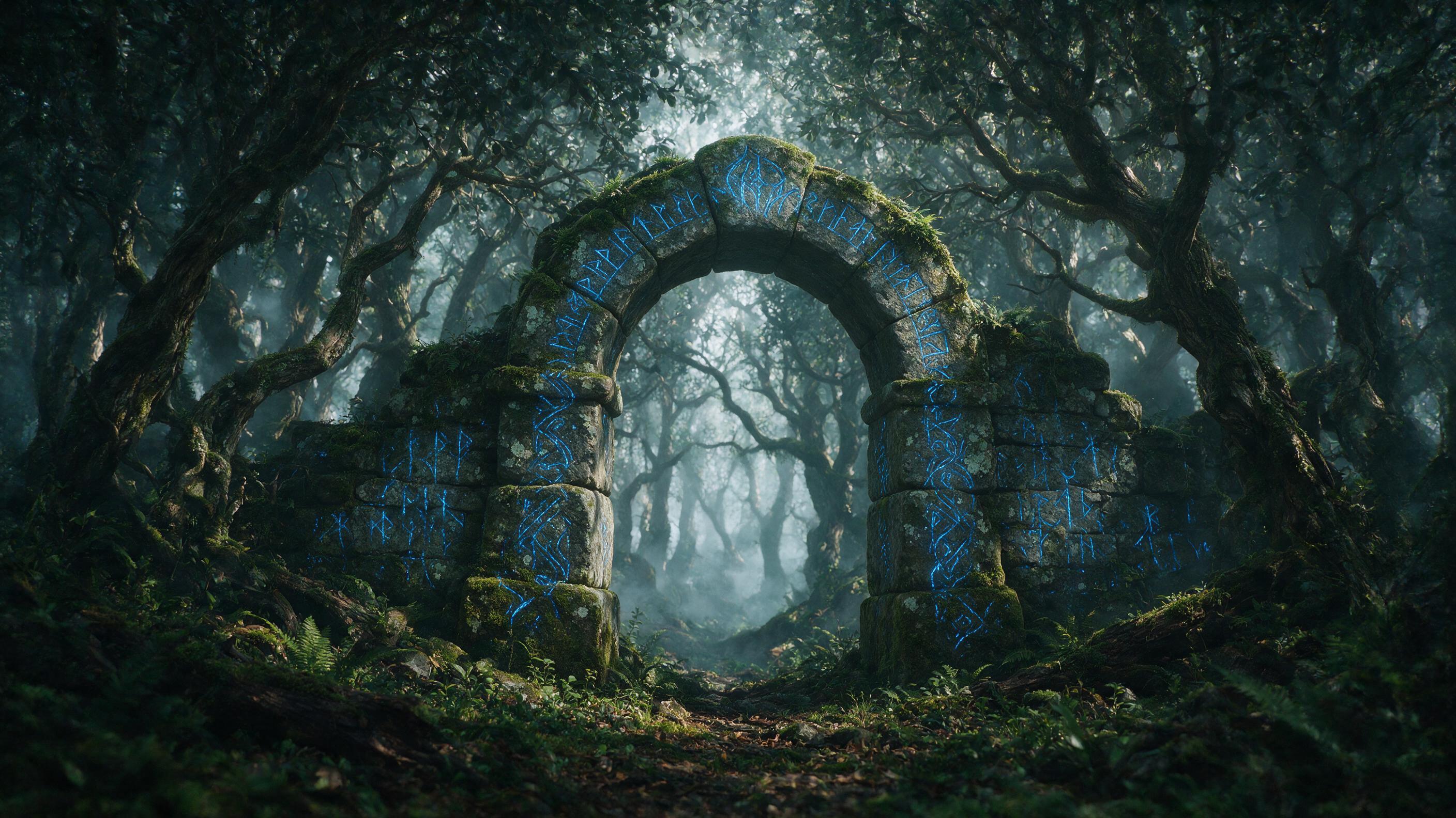 An ancient, moss-covered stone archway in a misty forest, glowing blue runes etched into the stone, ethereal light filtering through twisted branches, deep shadows, quiet atmosphere, cinematic composition, slight haze, natural decay