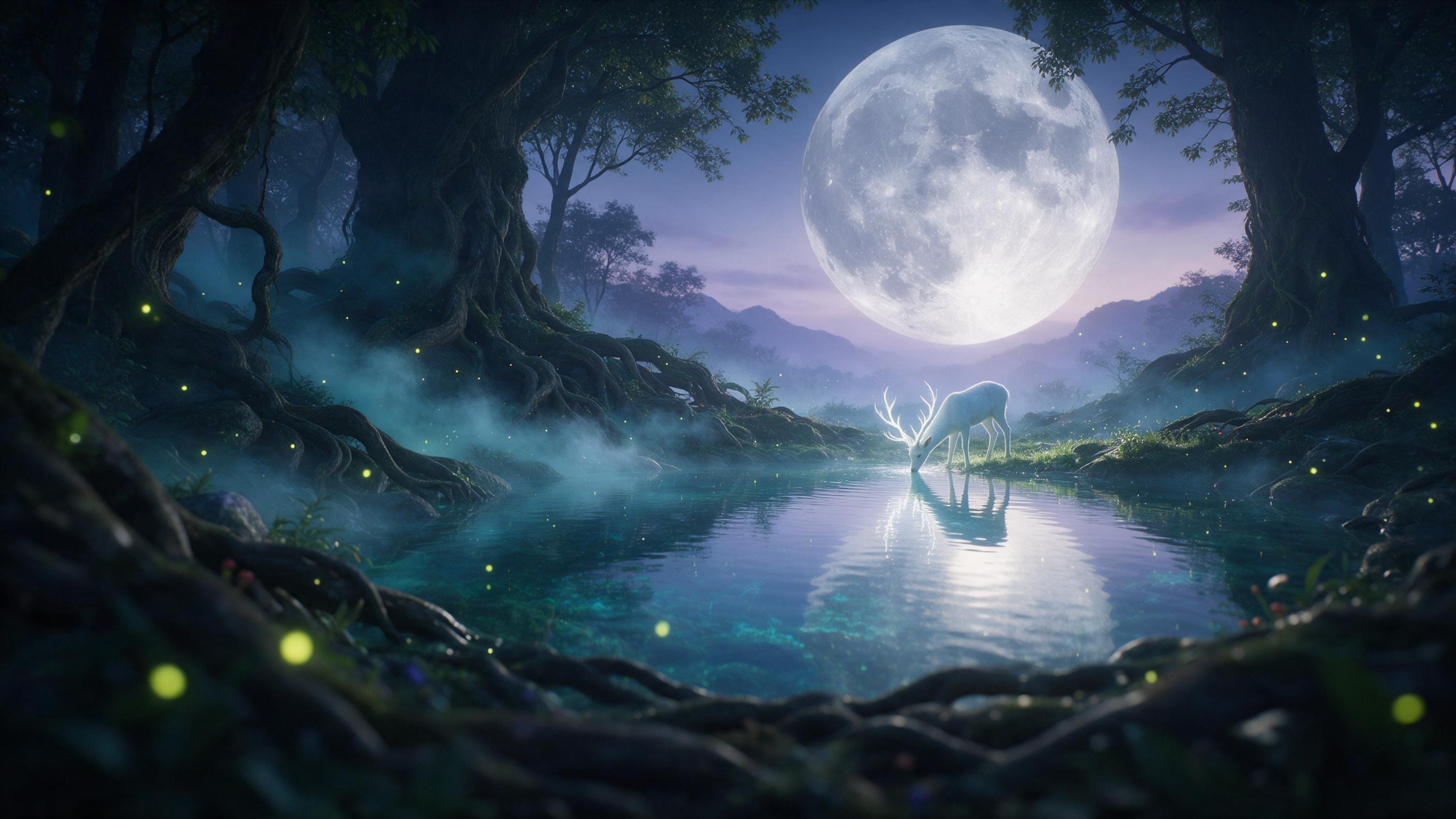 An ancient forest glade at dusk, where a giant moon hangs low, casting silver light on a crystal-clear pond. Wisps of blue-green mist curl around gnarled roots, while a lone white deer with glowing antlers drinks. Fireflies drift, and distant mountains fade into purple haze. Soft focus foreground, w