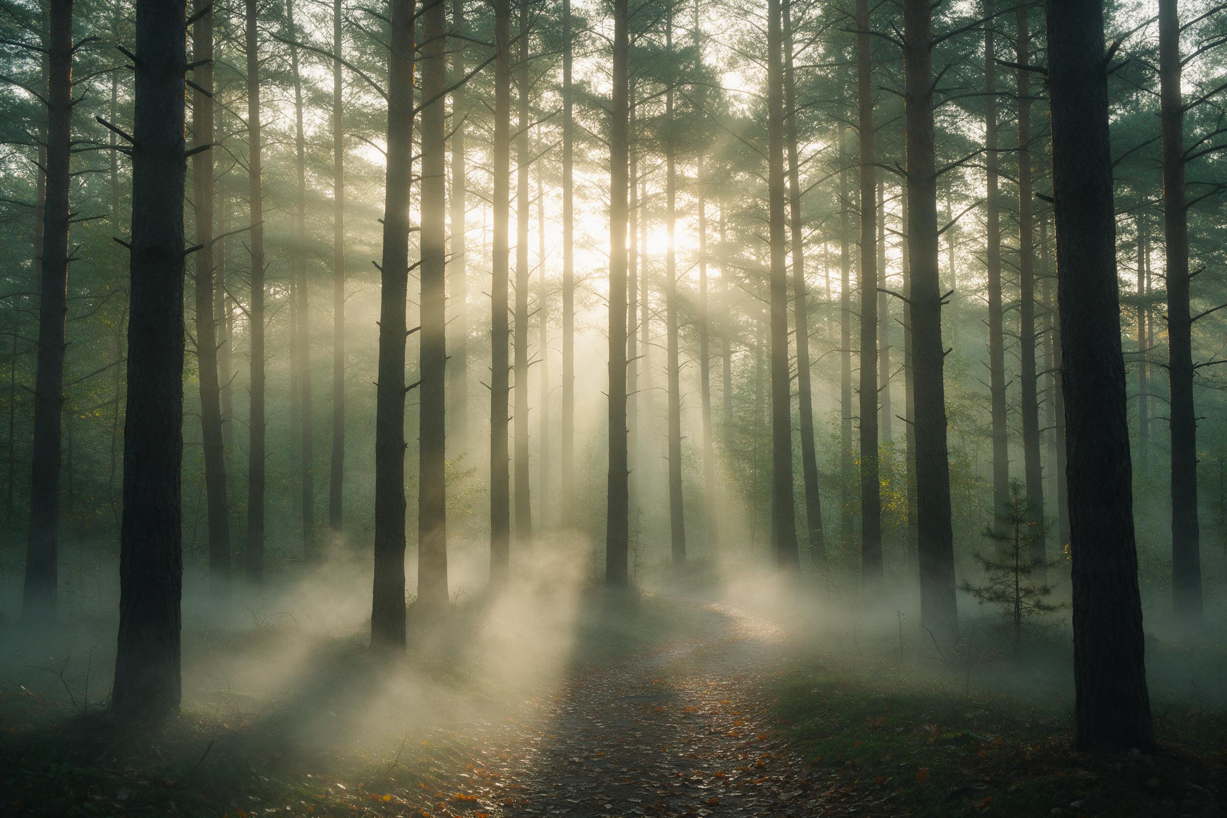 A misty pine forest at dawn, rays of golden sunlight piercing through tall trunks, a narrow winding path covered with fallen leaves, soft fog swirling at ground level, subtle green and amber tones, peaceful and serene atmosphere, natural lighting, medium shot view.