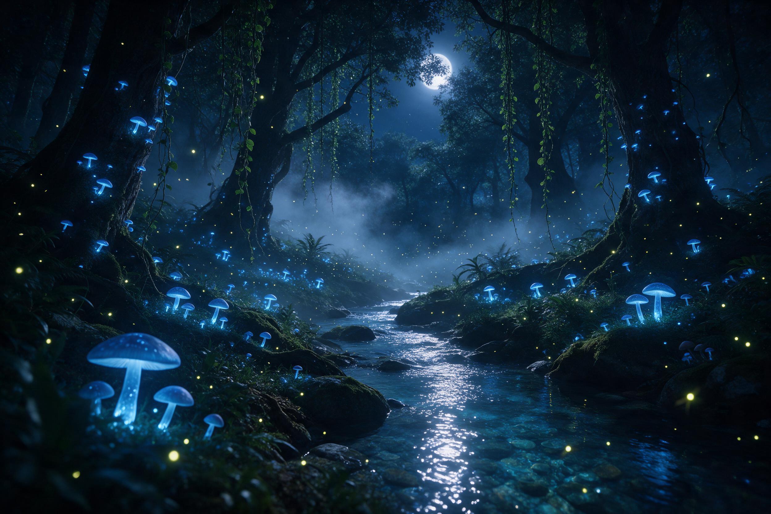 A moonlit bioluminescent forest, glowing blue mushrooms and hanging vines, a crystal-clear stream reflecting silver light, mist rising between ancient trees, fireflies drifting like stars, soft magical atmosphere, wide-angle composition with layered depth, cool color palette with luminous accents.