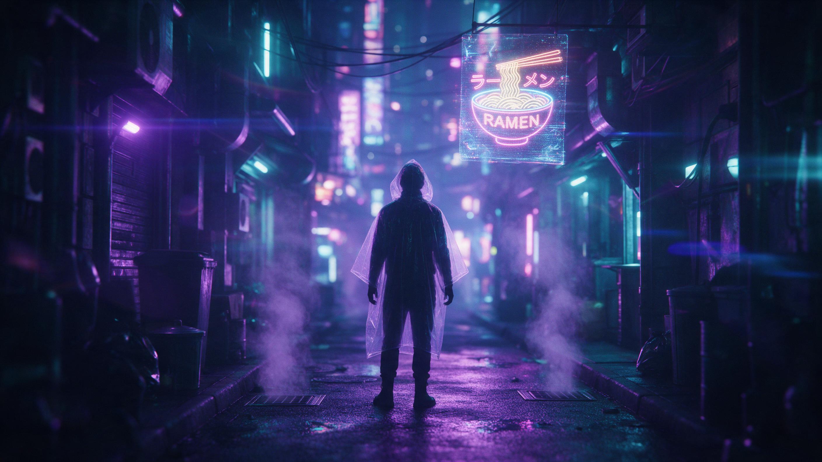 A rain-soaked neon alley in Neo-Tokyo, 2099, holographic ramen shop signs flicker, steam rising from street vents, a lone silhouette in a transparent raincoat, reflections on wet asphalt, purple and cyan lighting, subtle lens flare, shallow depth of field
