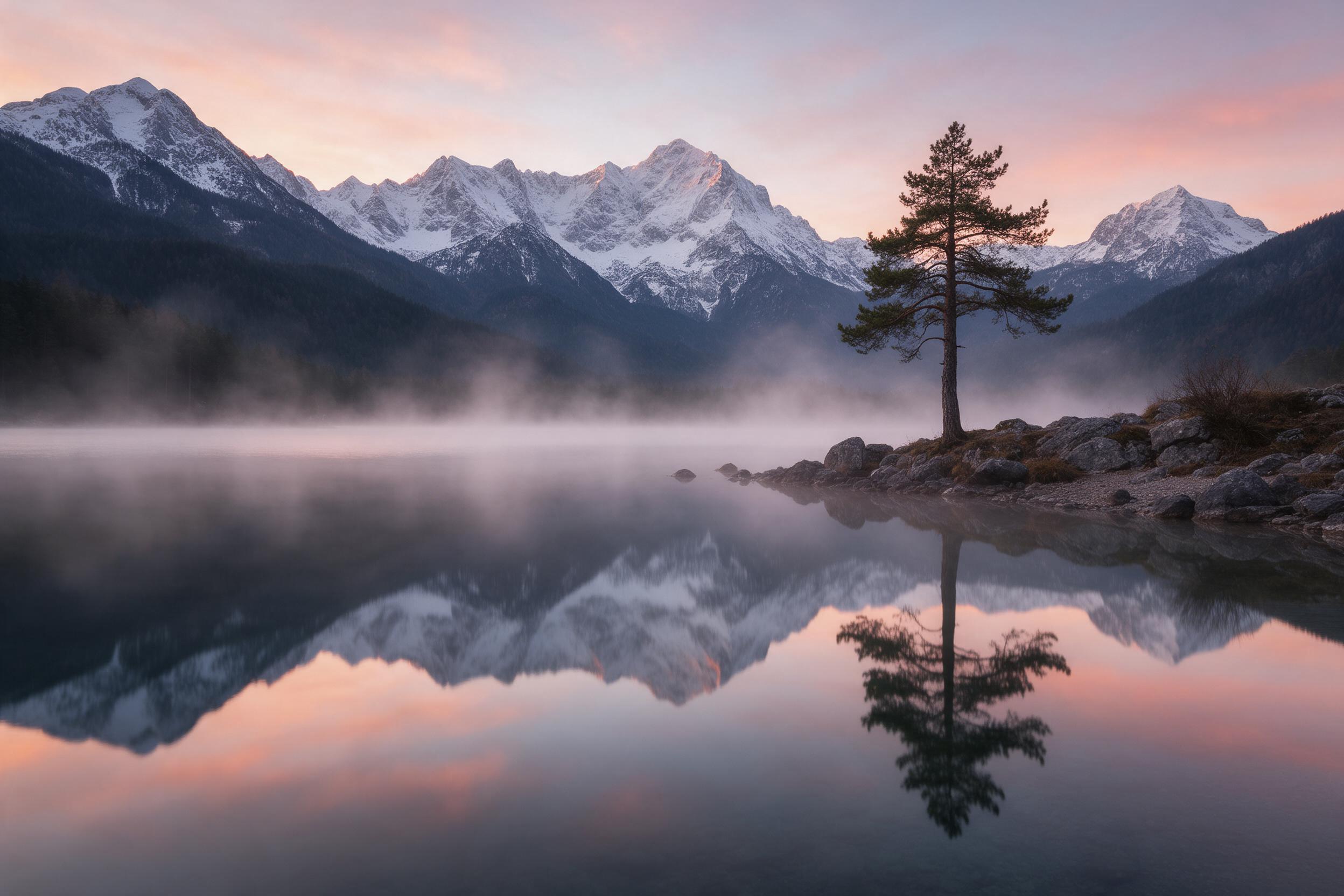A serene mountain lake at dawn, mirror-like water reflecting snow-capped peaks, soft pink and orange hues in the sky, a lone pine tree on the rocky shoreline, gentle mist rising, long exposure smoothness, natural light, wide-angle composition.
