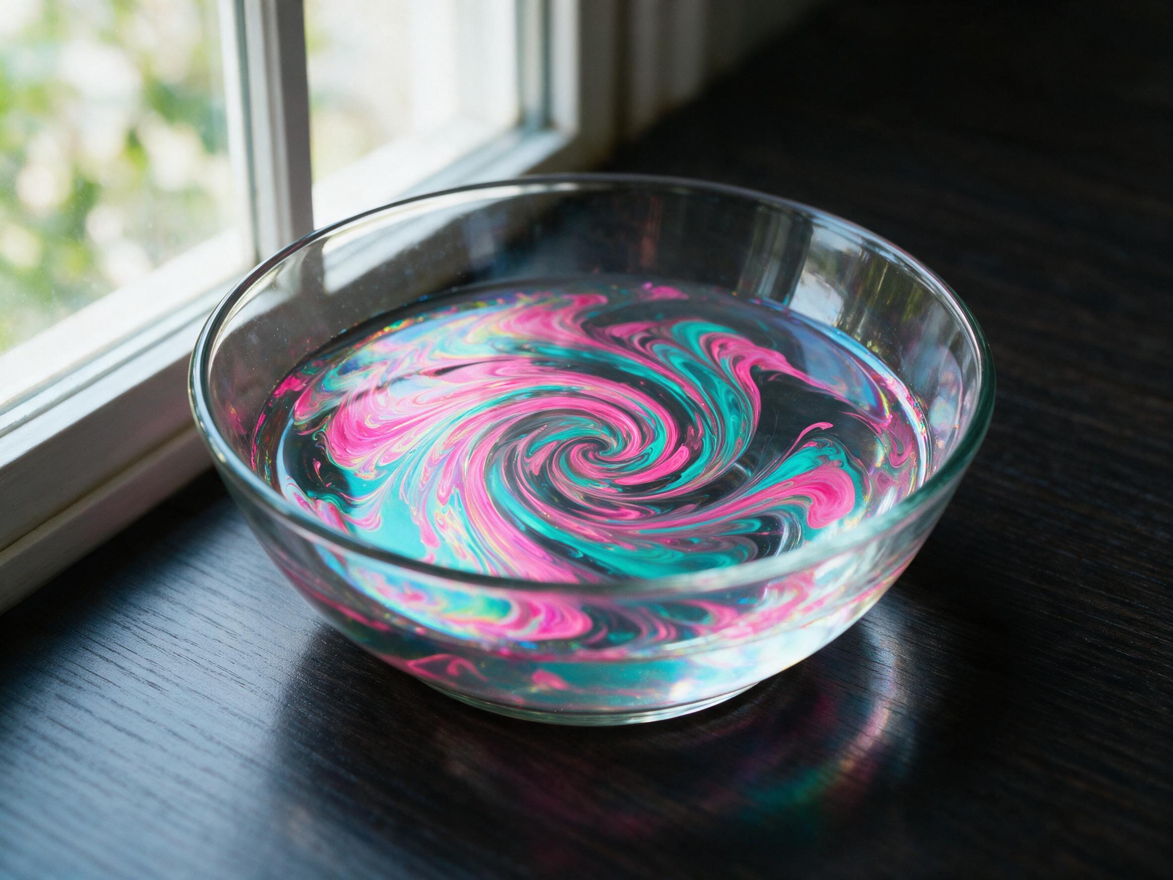 A swirling vortex of iridescent oil on water, neon pink and cyan colors mixing in a chaotic dance, soft reflections on a dark surface, slight camera motion blur, natural window light hitting from the left, minimalist composition with empty space