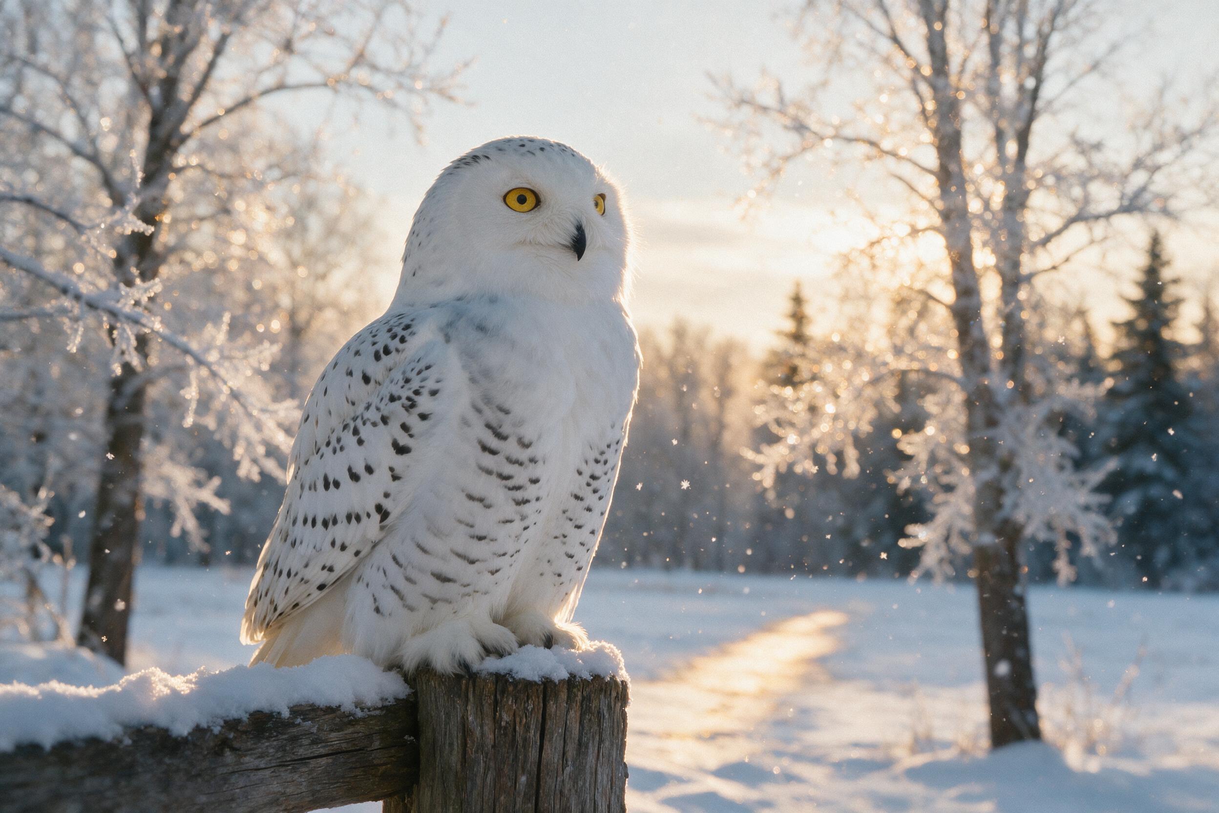 A majestic snowy owl perched on a weathered wooden fence post at dawn, soft golden sunlight filtering through frost-covered trees, light snowflakes falling, natural bokeh in background, slight grain, eye-level composition.