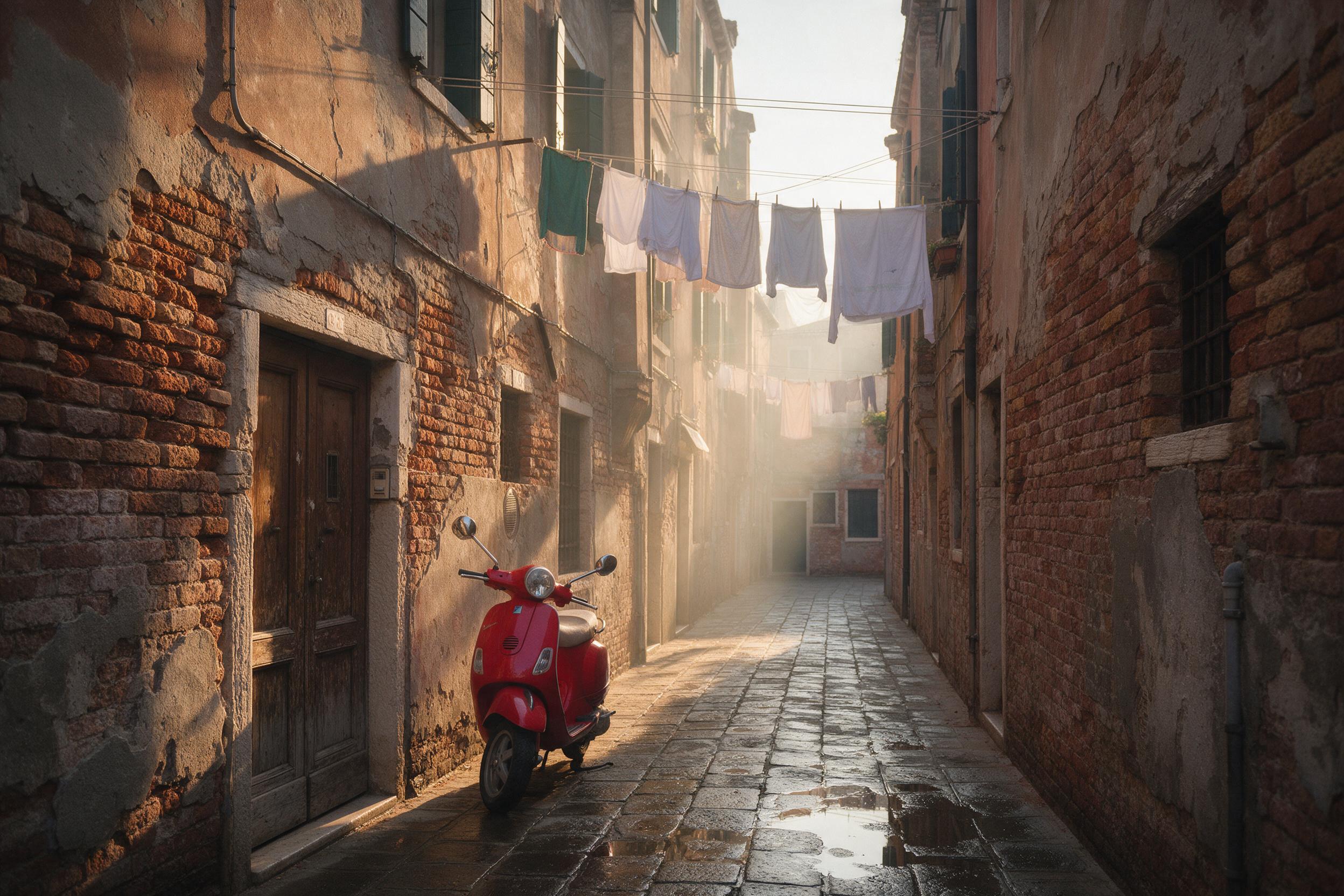 Golden hour light spills through a narrow Venice alley, warm brick walls with peeling plaster, a red Vespa parked by a weathered wooden door, laundry lines above, puddle reflections on wet cobblestones, gentle haze, 35mm lens, natural color, no people, no signs.