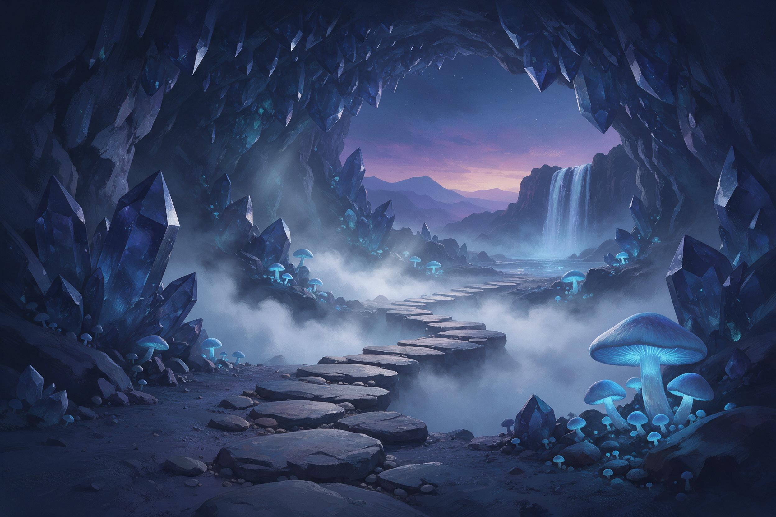 A luminescent crystal cavern beneath a twilight sky, glowing blue mushrooms and a winding path of stepping stones leading to a distant waterfall, soft ethereal light rays piercing through mist, muted indigo and teal palette, painterly textures, wide-angle composition.
