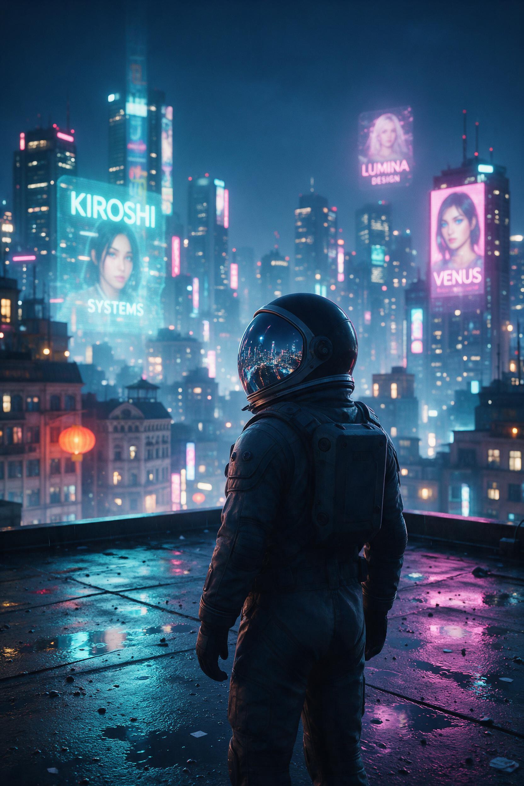 A lone astronaut stands on a rain-slicked rooftop overlooking a neon-lit cyberpunk city at night. Holographic advertisements flicker in cyan and magenta, reflecting in puddles. The scene is captured with shallow depth of field, emphasizing the astronaut's reflective helmet visor. Atmospheric haze an