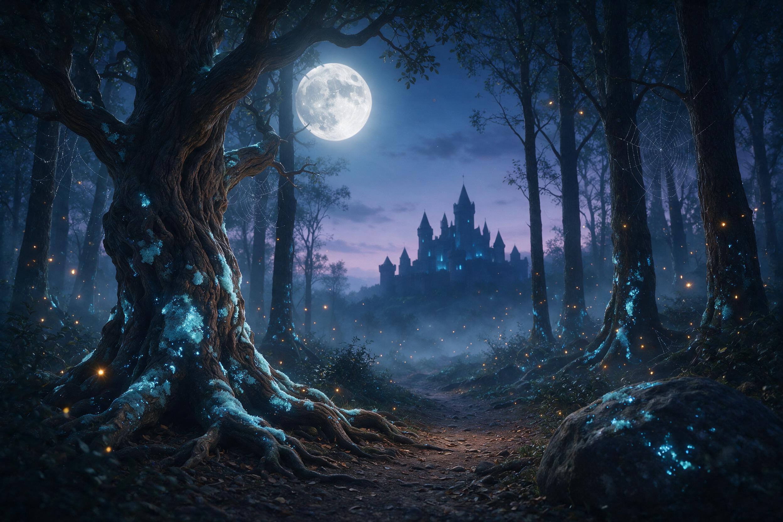 A moonlit enchanted forest where ancient trees glow with soft blue bioluminescent moss, fireflies float like tiny lanterns, a winding path leads to a distant castle silhouette, misty air, magical atmosphere, twilight colors, cinematic composition with depth and mystery.