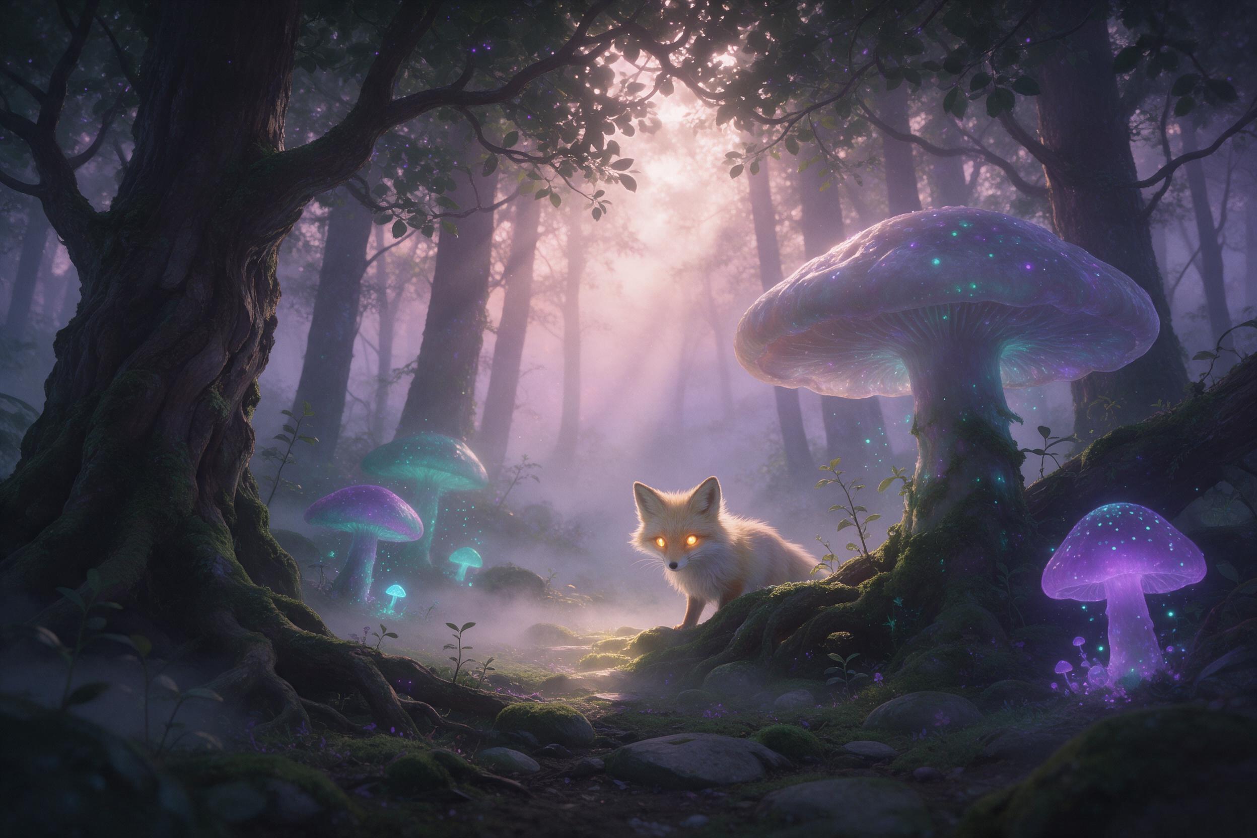 A misty ancient forest at dawn, colossal bioluminescent mushrooms casting teal and violet glow on moss-covered stones, a tiny fox spirit with glowing amber eyes peering from behind a gnarled root, soft volumetric light rays piercing canopy, gentle ground fog, surreal ethereal atmosphere, painterly s