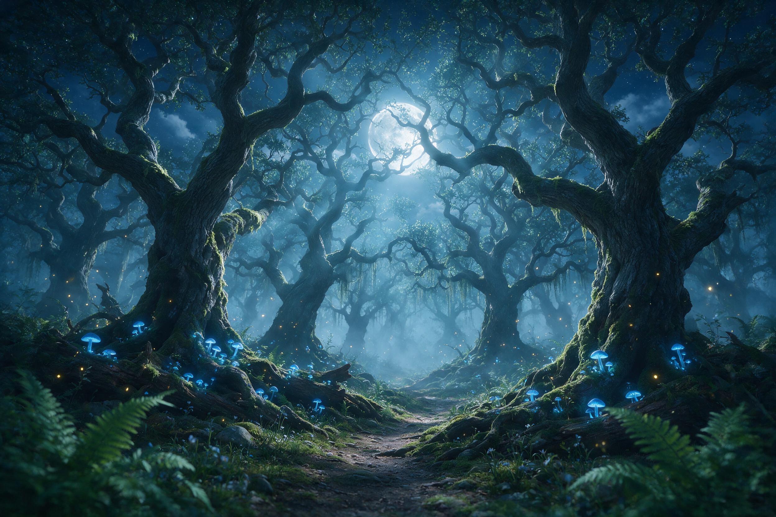 A moonlit enchanted forest, ancient twisted oaks with glowing blue mushrooms at their roots, a narrow path winding into misty depths, silver light filtering through canopy, fireflies drifting, soft focus on foreground ferns, deep shadows, ethereal atmosphere
