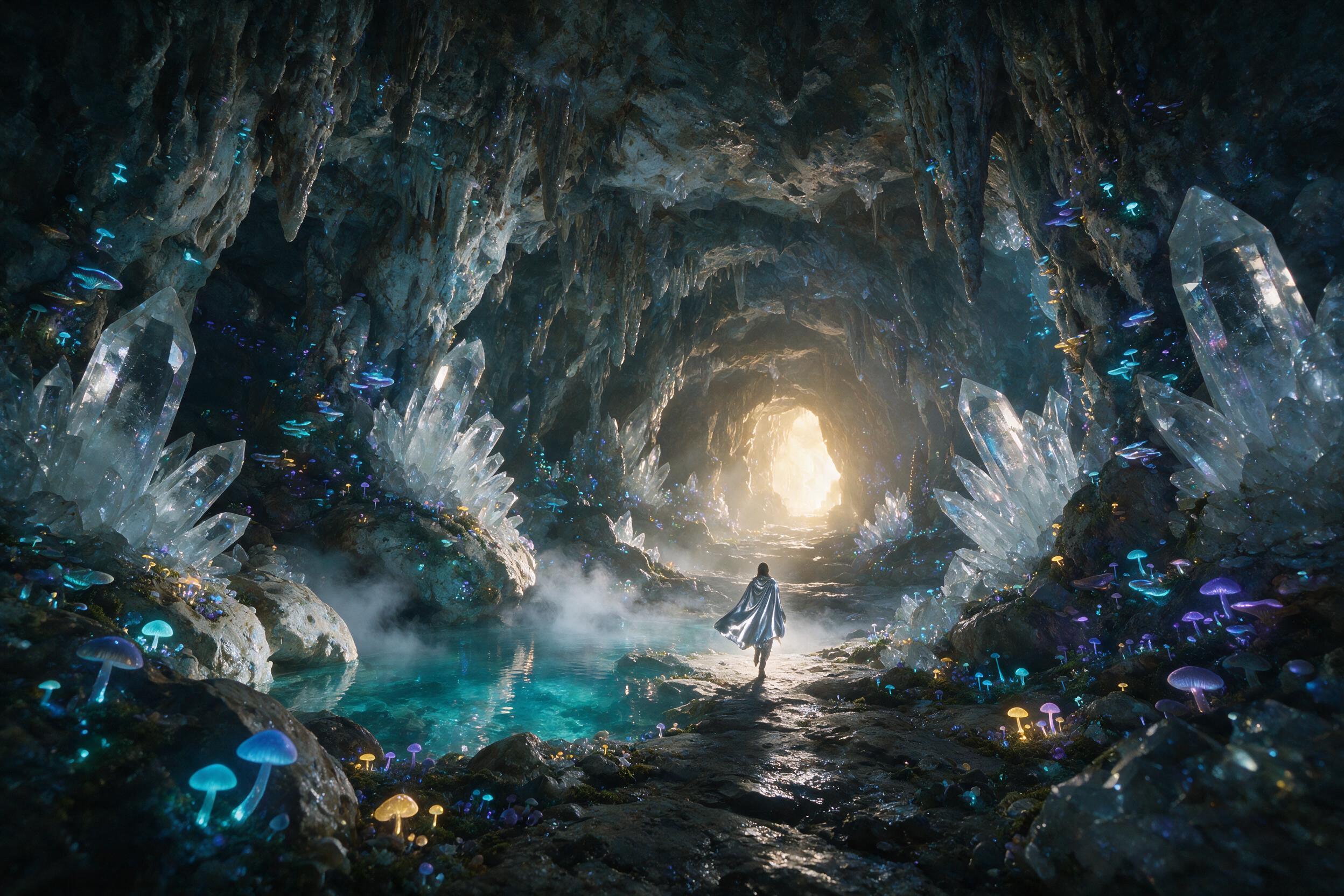 A luminous crystal cave deep underground, glowing bioluminescent fungi on wet rock walls, a single figure in a flowing silver cloak walking toward a distant light source, soft mist rising from a turquoise pool, rim lighting on the figure's silhouette, natural cavern textures with subtle reflections,