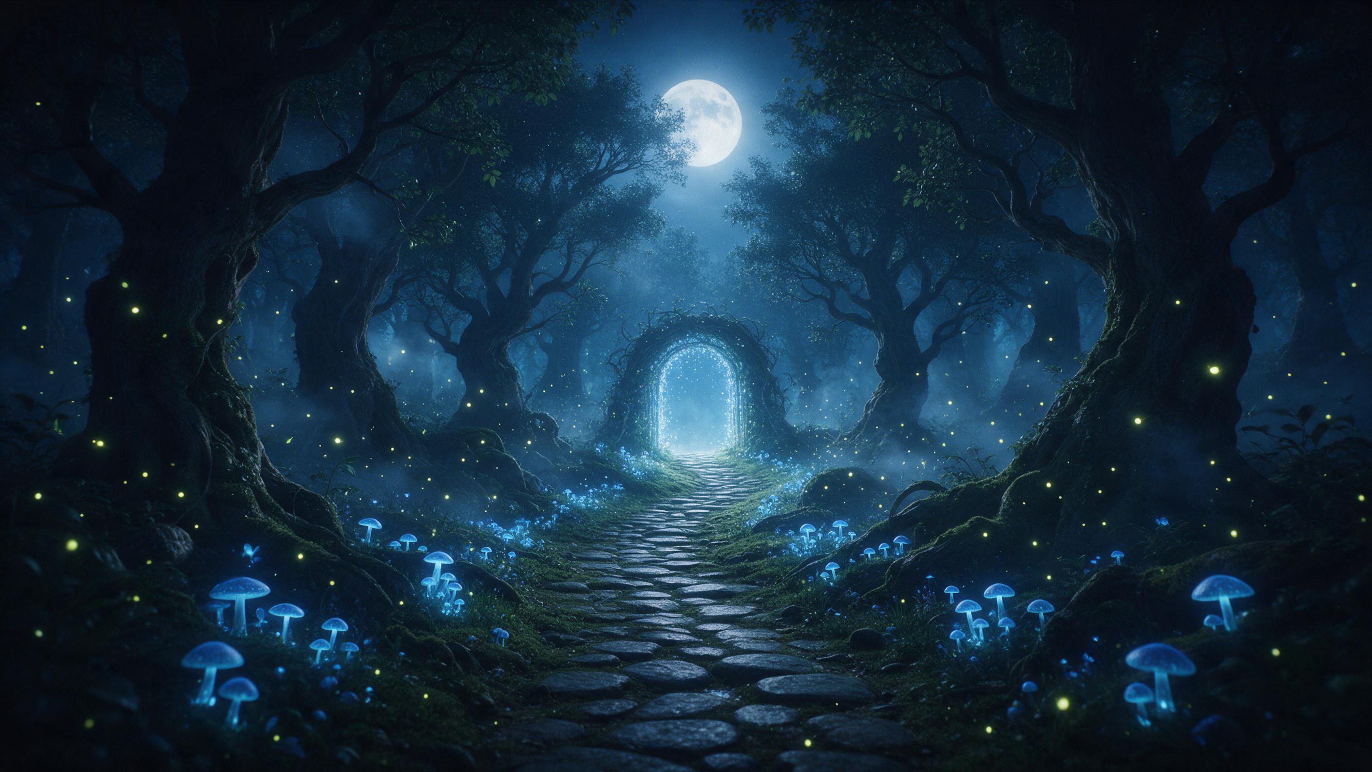 A moonlit enchanted forest, ancient twisted trees with glowing blue mushrooms along a mossy stone path, ethereal fireflies, soft mist, the composition focuses on the path leading to a luminous archway, serene magical atmosphere, natural lighting from the moon and fungal glow, slight film grain