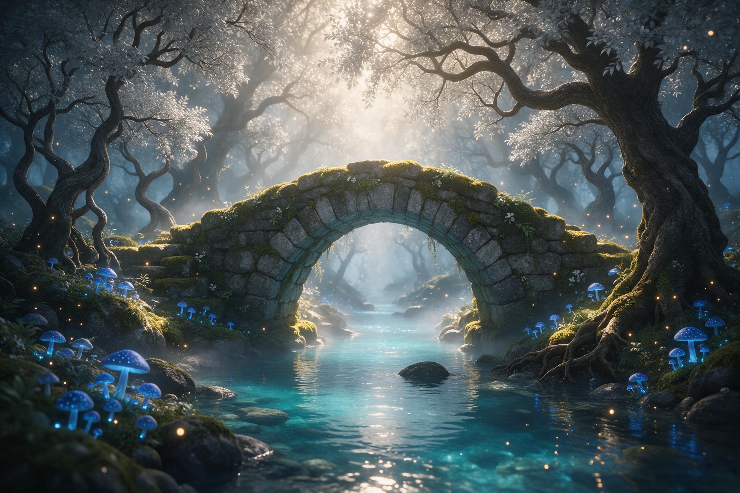 A moss-covered stone bridge arches over a luminous turquoise river in an enchanted forest, glowing blue mushrooms and fireflies dot the banks, ancient twisted trees with silver leaves, ethereal mist, soft golden light filtering through canopy, gentle water reflections, whimsical and serene, fairy ta