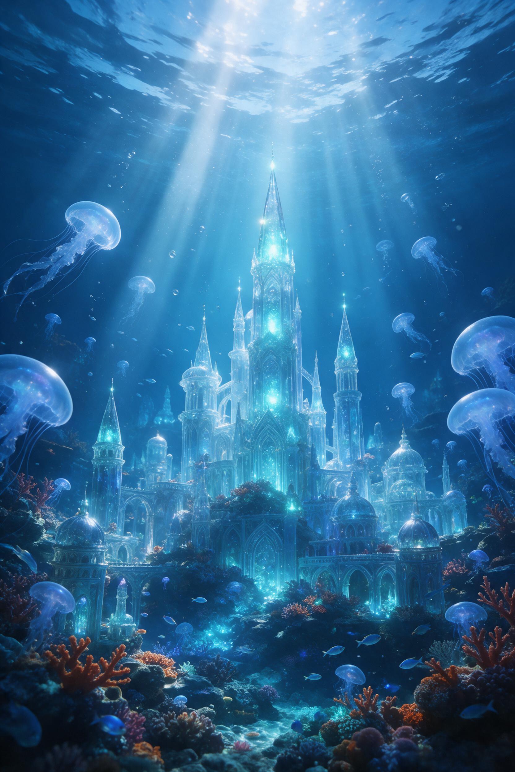 A sunken crystal city beneath a bioluminescent ocean, glowing turquoise spires rising from coral ruins, schools of glowing jellyfish drifting between towers, god rays filtering through the deep blue water, ethereal atmosphere, wide-angle composition, rich contrast of light and shadow