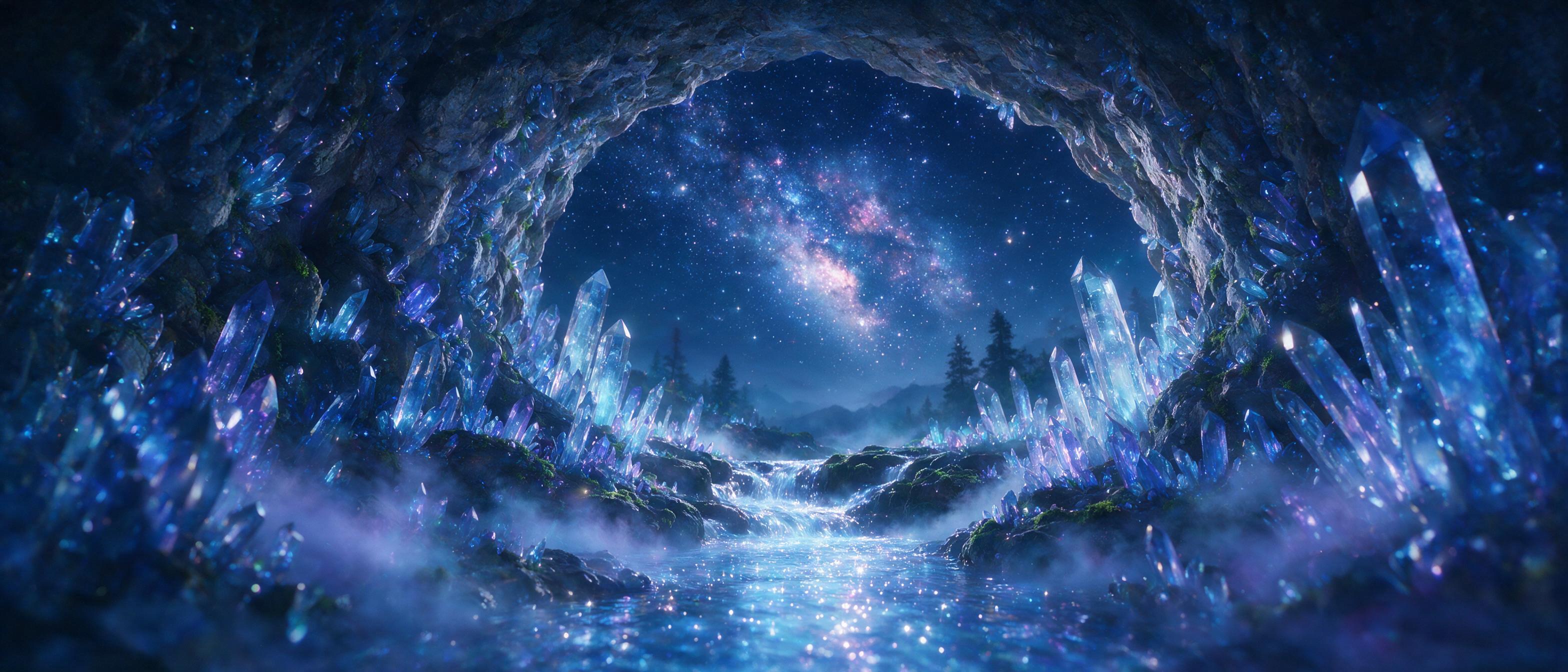 A luminous crystal cave under a starry night sky, with glowing blue and purple crystals protruding from the walls, a small stream of liquid light flowing through the center, soft mist rising, ethereal atmosphere, cinematic lighting, slight lens flare, wide angle shot, low angle perspective, dreamlik