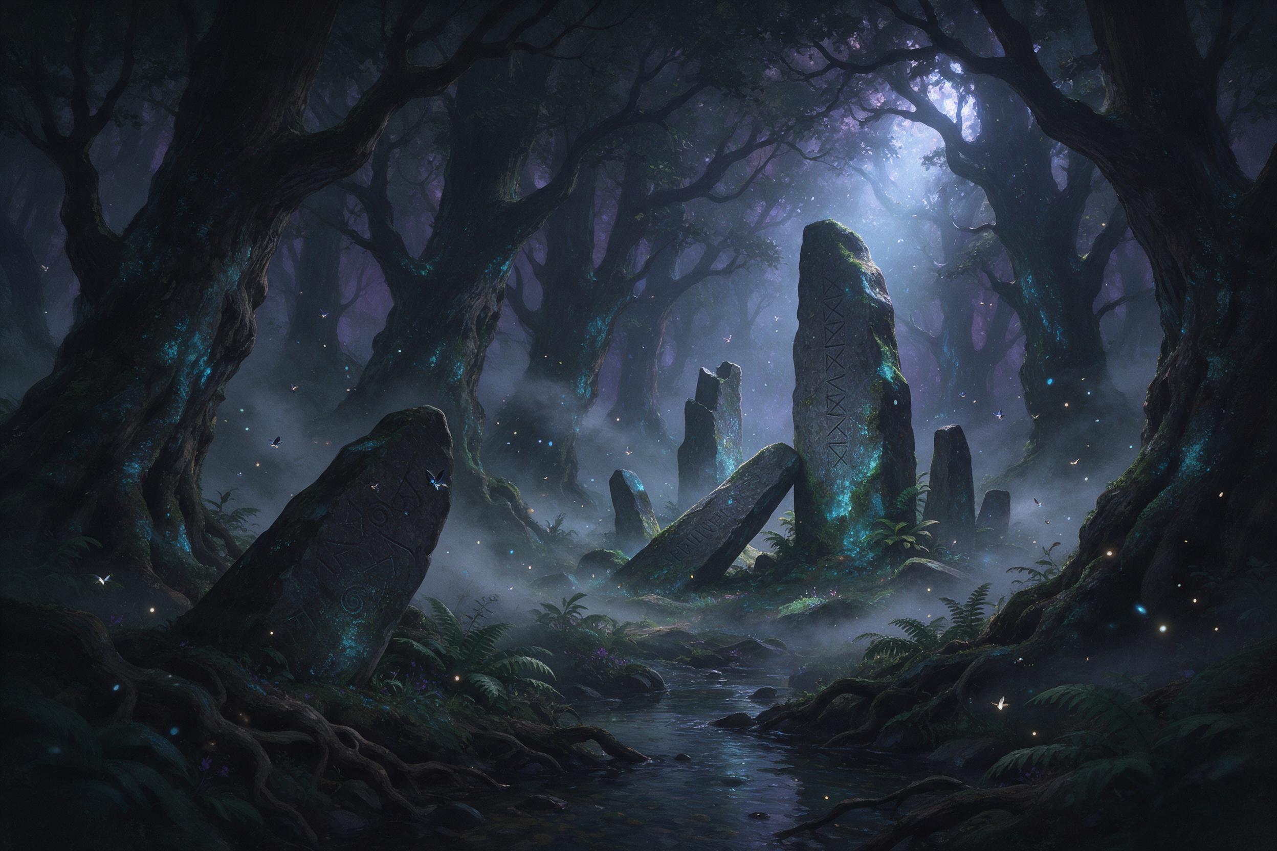 Enchanted ancient forest, massive gnarled trees with glowing blue luminescent moss, silver mist swirling between trunks, a mysterious stone circle covered in runes, fireflies darting through air, soft ethereal light filtering through canopy, muted emerald and violet palette, painterly style with dre