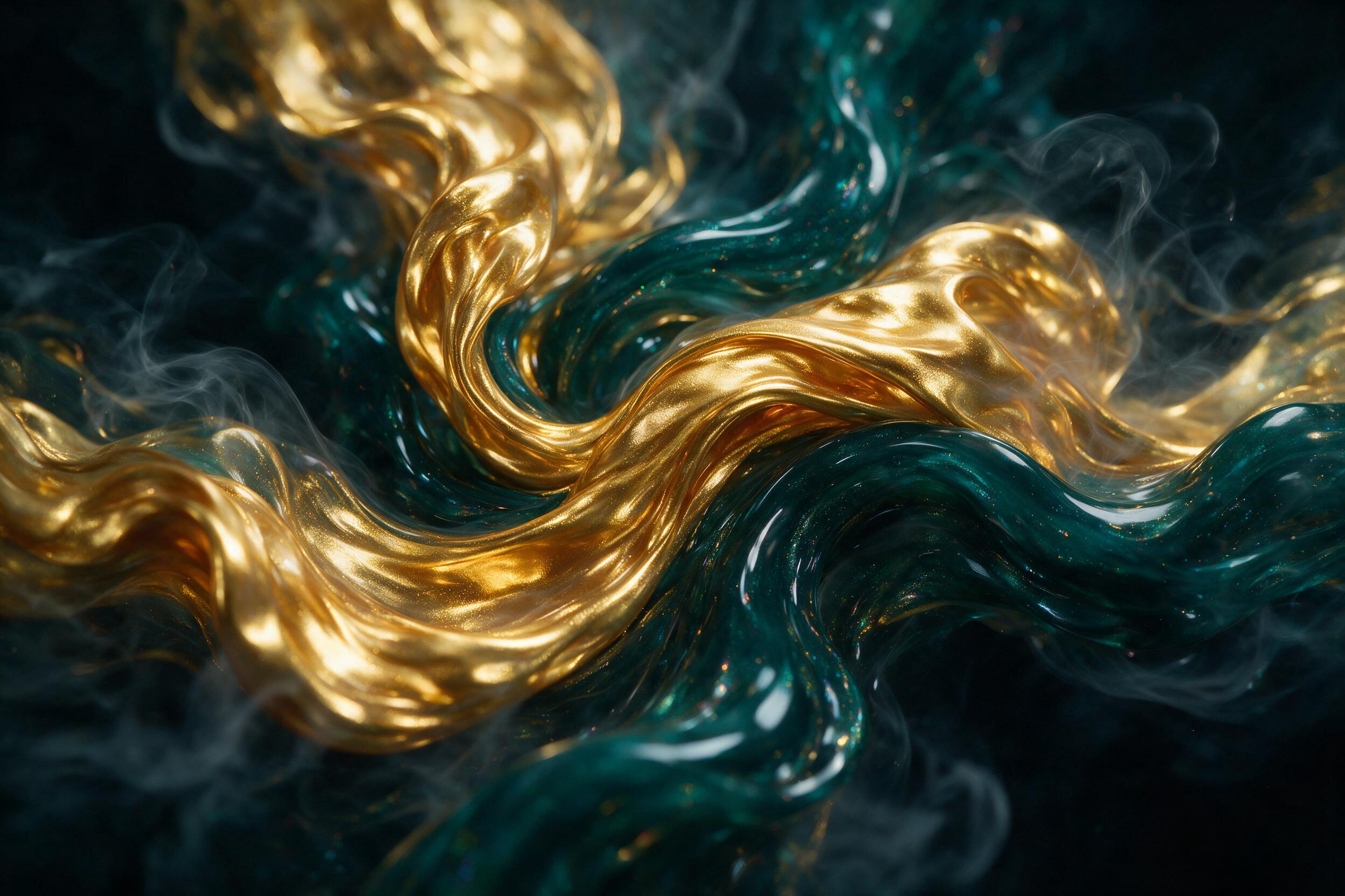 A fluid art composition of molten gold and deep teal swirling in a dark void, captured with a macro lens, 85mm f/2.0, shallow depth of field, soft studio light with high contrast, creamy reflections, hint of smoke trails, no text, no watermark.