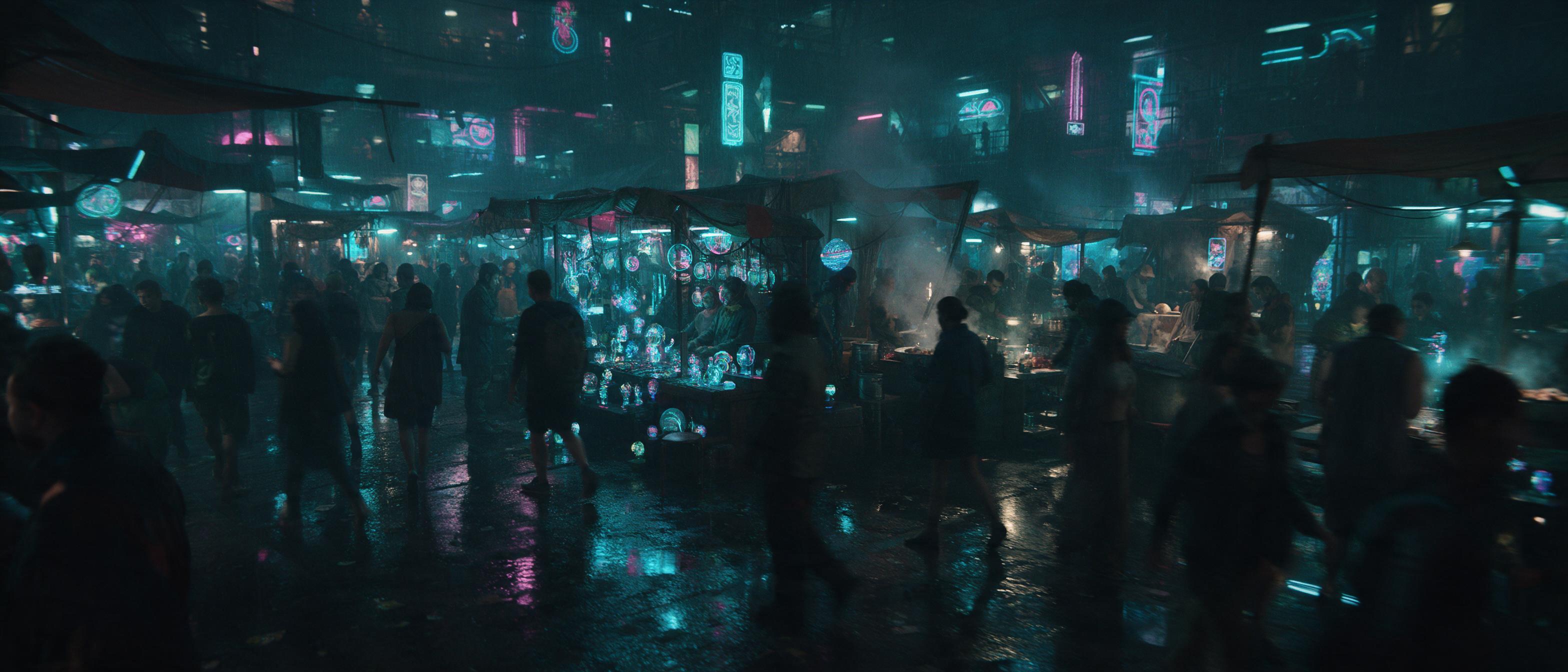 A vast, dimly lit cyberpunk marketplace under a perpetual drizzle, neon signs casting reflections on wet pavement, vendors selling holographic trinkets, steam rising from food stalls, moody atmosphere with cyan and magenta lighting, slight motion blur from moving crowd, cinematic composition, natura