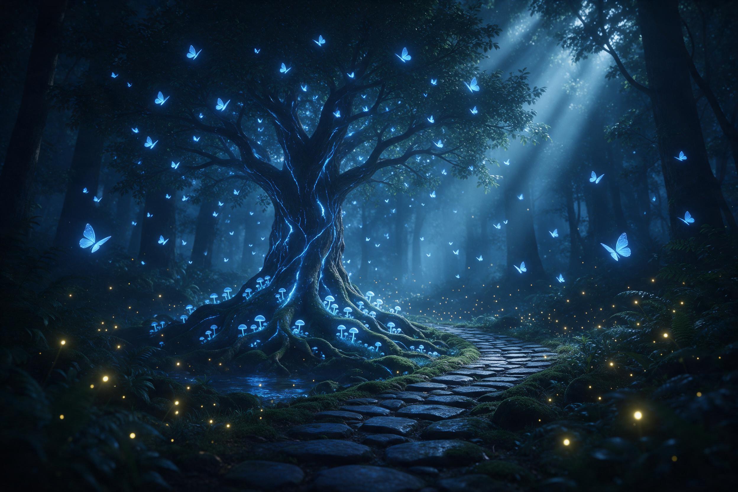 In an enchanted forest, a bioluminescent tree casts a soft blue glow on a winding mossy path, with tiny glowing butterflies fluttering around, warm yellow fireflies rising from the undergrowth, and rays of moonlight piercing through the canopy, creating a mystical, serene atmosphere.