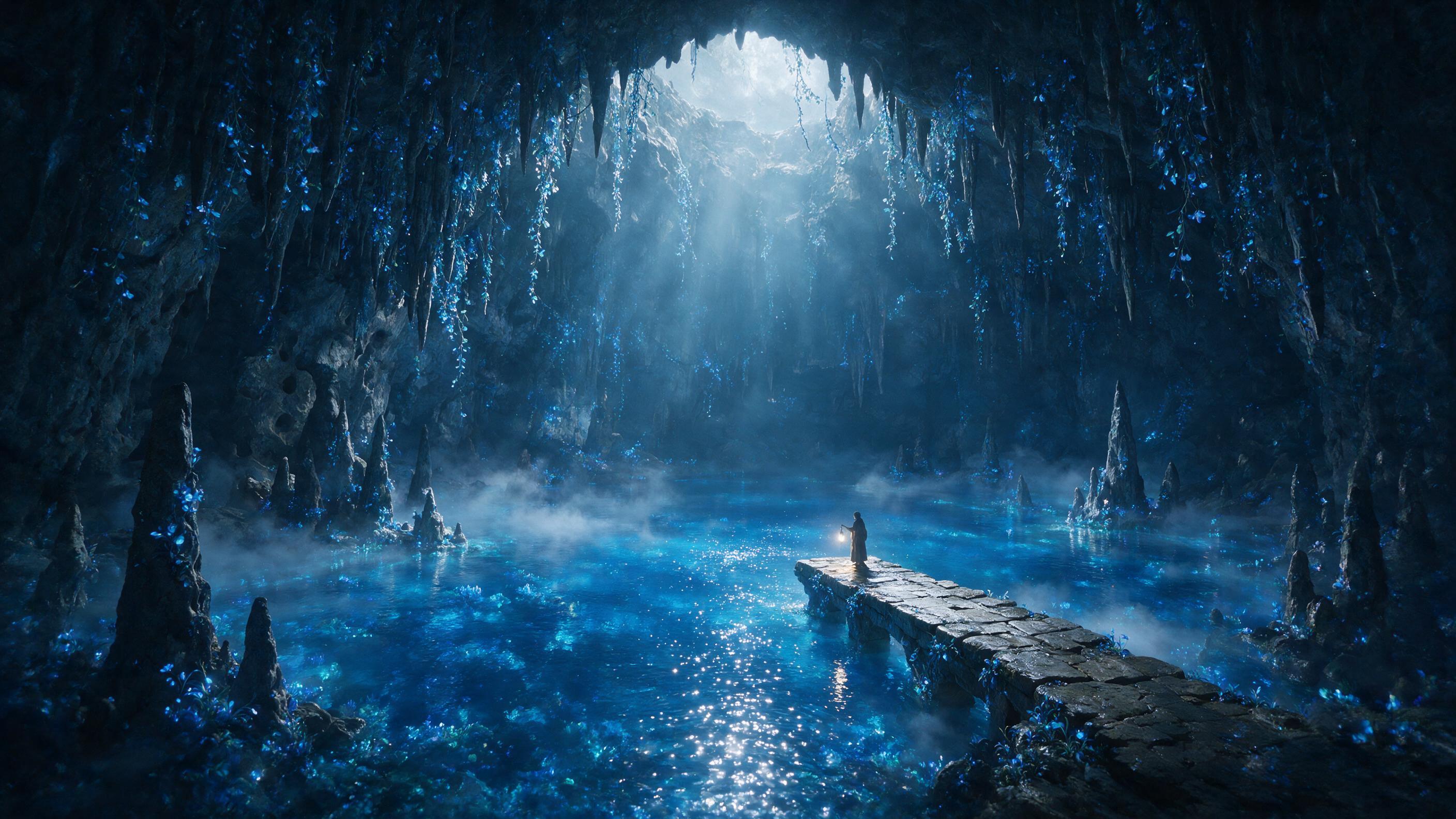 A glowing crystal lake in a moonlit cavern, bioluminescent blue flora cascading from stalactites, a lone robed figure with a lantern on a stone pier, mist curling over water, soft volumetric light, ethereal atmosphere, no harsh shadows.