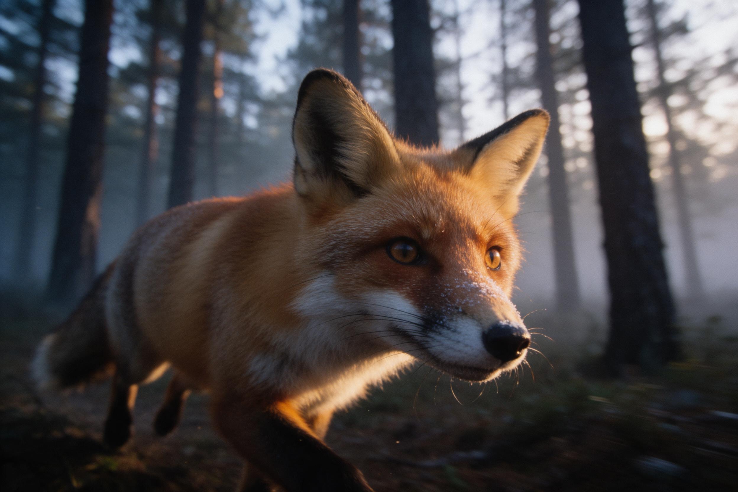 A red fox emerging from misty pine forest at dawn, fur highlighted by golden low-angle sunlight, muzzle dusted with frost, alert amber eyes, shallow depth of field with bokeh of dark trunks, subtle film grain and slight motion blur from a shake of the camera, no artificial lighting, natural palette 