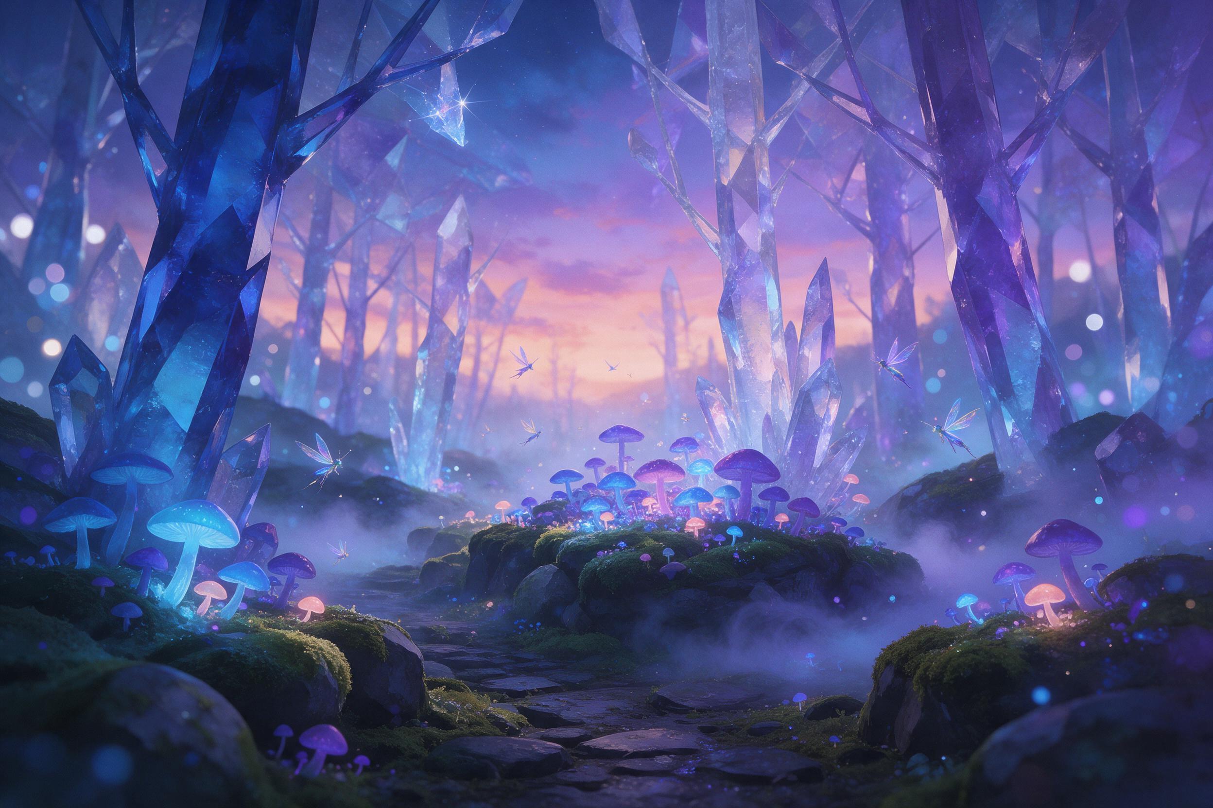 A luminous crystal forest at twilight, where glowing blue and violet mushrooms cast soft light on mossy stones, tiny winged creatures flit between translucent trees, mist weaves through the air, gentle bokeh, painterly style with rich color gradients
