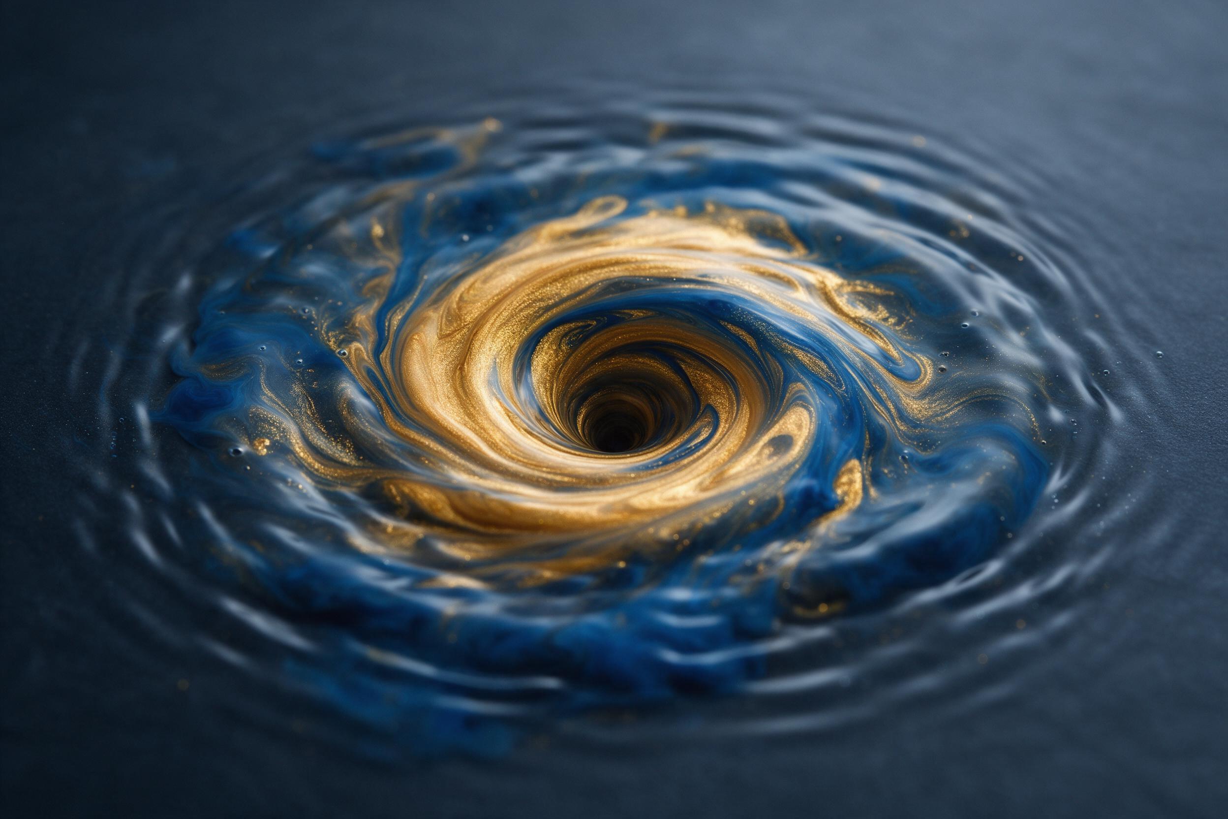 A macro view of swirling molten gold and deep blue ink merging on a dark slate surface, with intricate fluid ripples catching soft, diffused overhead light, leaving subtle micro-bubbles suspended near the surface, composition centered on a hypnotic spiral vortex, captured with a sharp 50mm lens at f