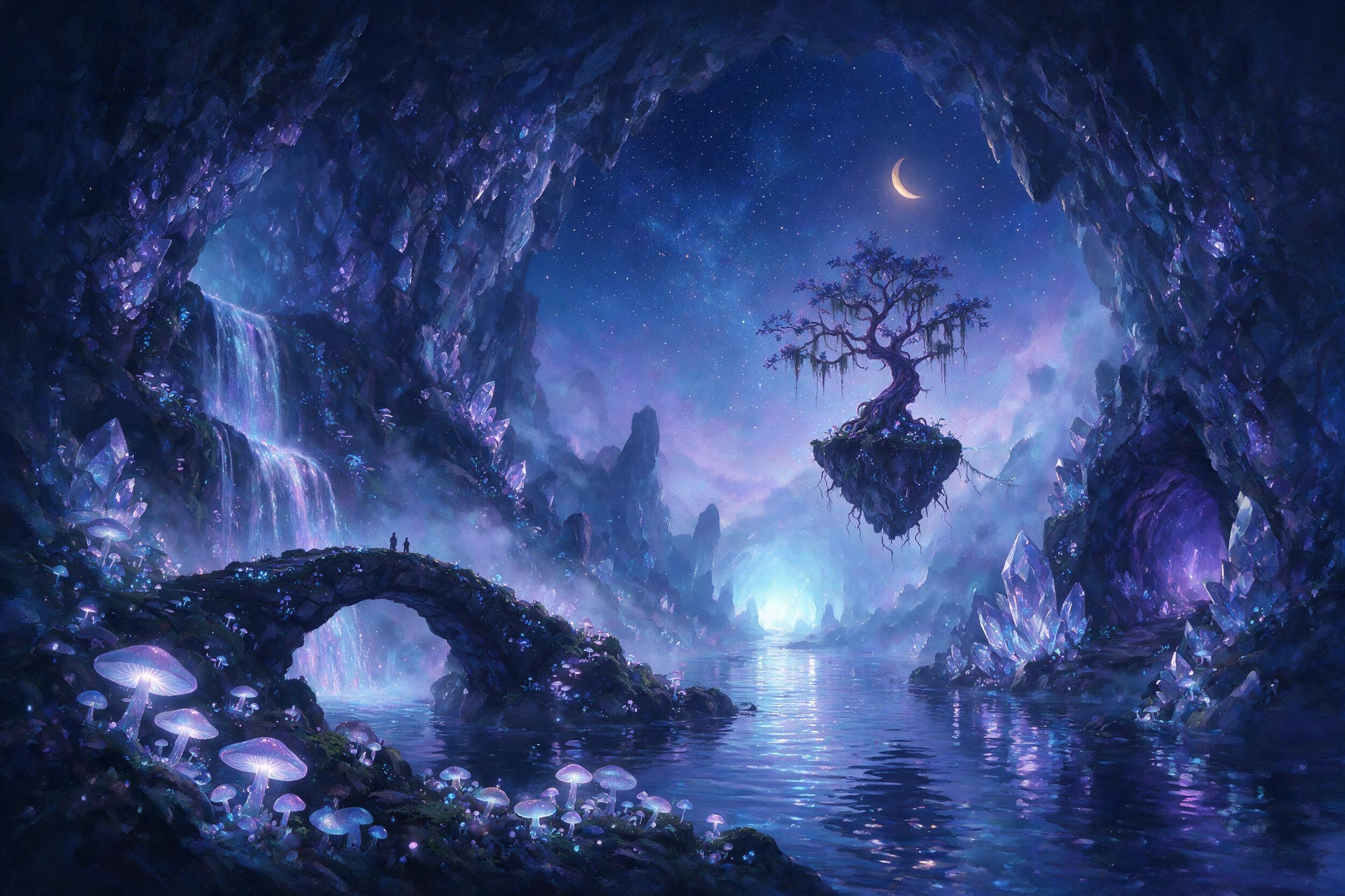 A luminous crystal cave beneath a starry night sky, bioluminescent mushrooms and vines casting soft blue and purple light, a small floating island with a lone ancient tree, mist swirling, gentle glow, painterly style, soft focus.