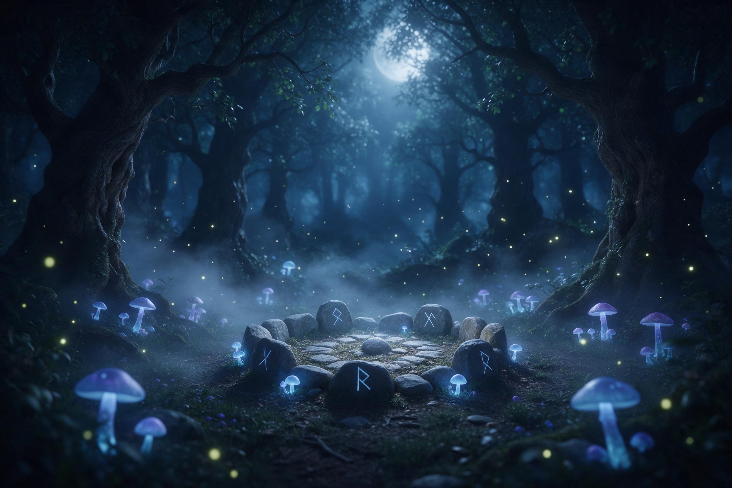 A moonlit enchanted forest clearing, bioluminescent mushrooms glowing soft blue and violet, a small stone circle with runes in the center, mist curling between ancient gnarled trees, fireflies drifting, cool silver moonlight filtering through canopy, dreamy atmosphere, shallow depth of field focusin