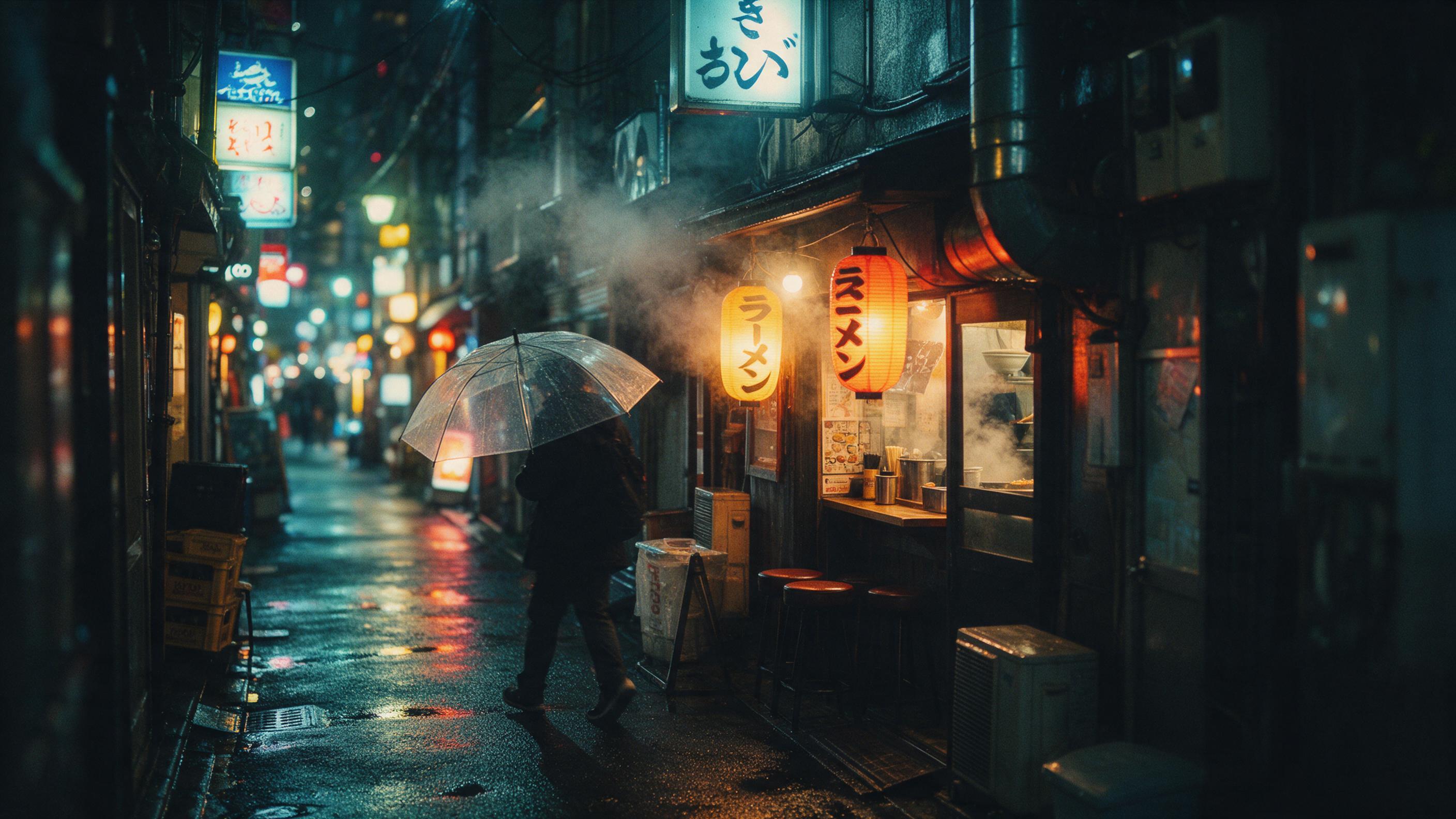 Rainy evening in a narrow Tokyo alley, neon signs reflecting on wet asphalt, a lone figure with a transparent umbrella walking past a small ramen shop with glowing lanterns, steam rising, shallow depth of field, cinematic teal and orange tones, subtle grain