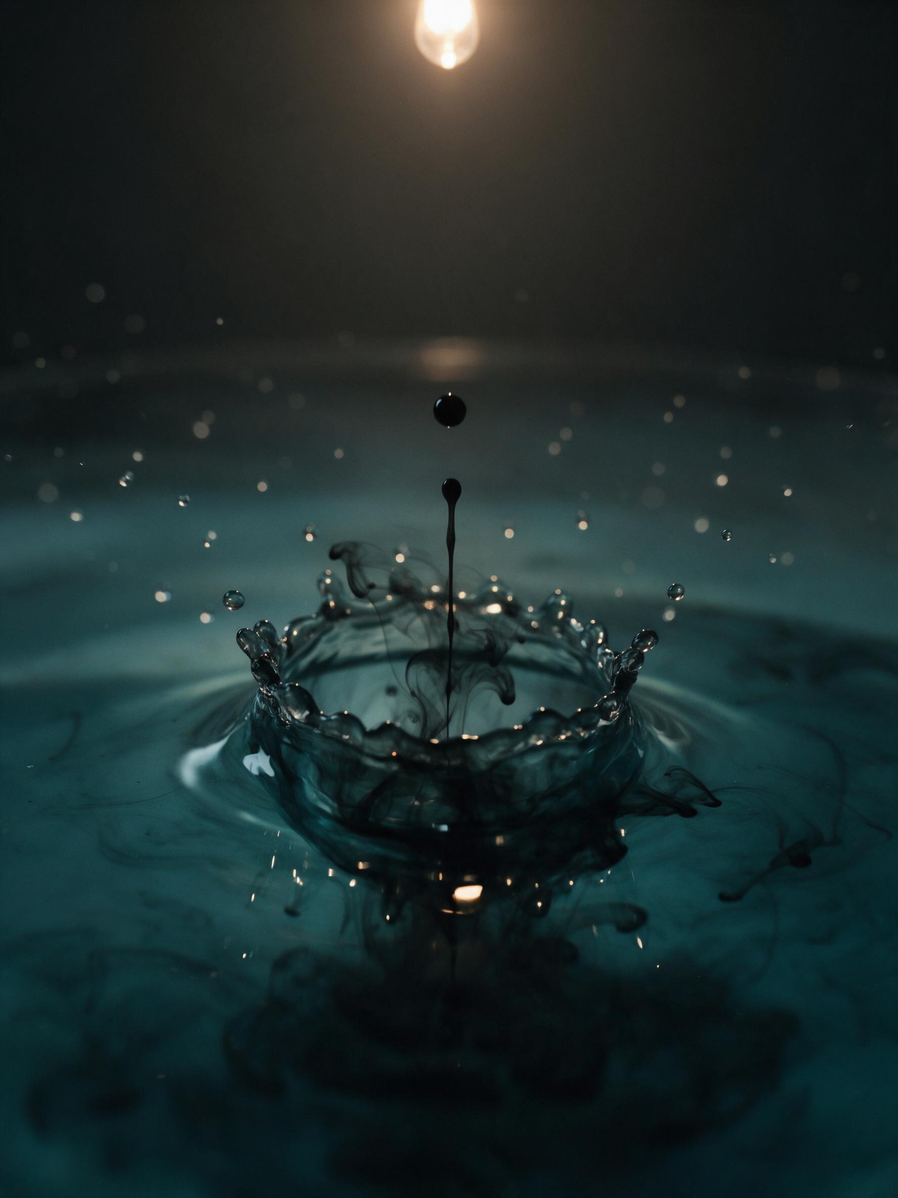 A single droplet of black ink falling into a pool of translucent blue water, creating a swirling, smoky crown of splashes and ripples, glowing backlit by a single warm tungsten light from above, soft focus on the outer droplets, deep cyan and charcoal tones, minimal composition, centered vertical ax