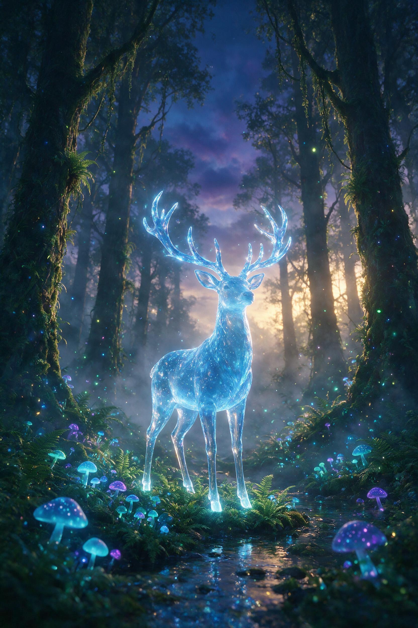 A glowing crystal deer stands in a misty enchanted forest at twilight, antlers made of luminous blue crystal, soft bioluminescent mushrooms and ferns around its hooves, gentle fog, magical light particles, low angle view, dreamy atmosphere, no people