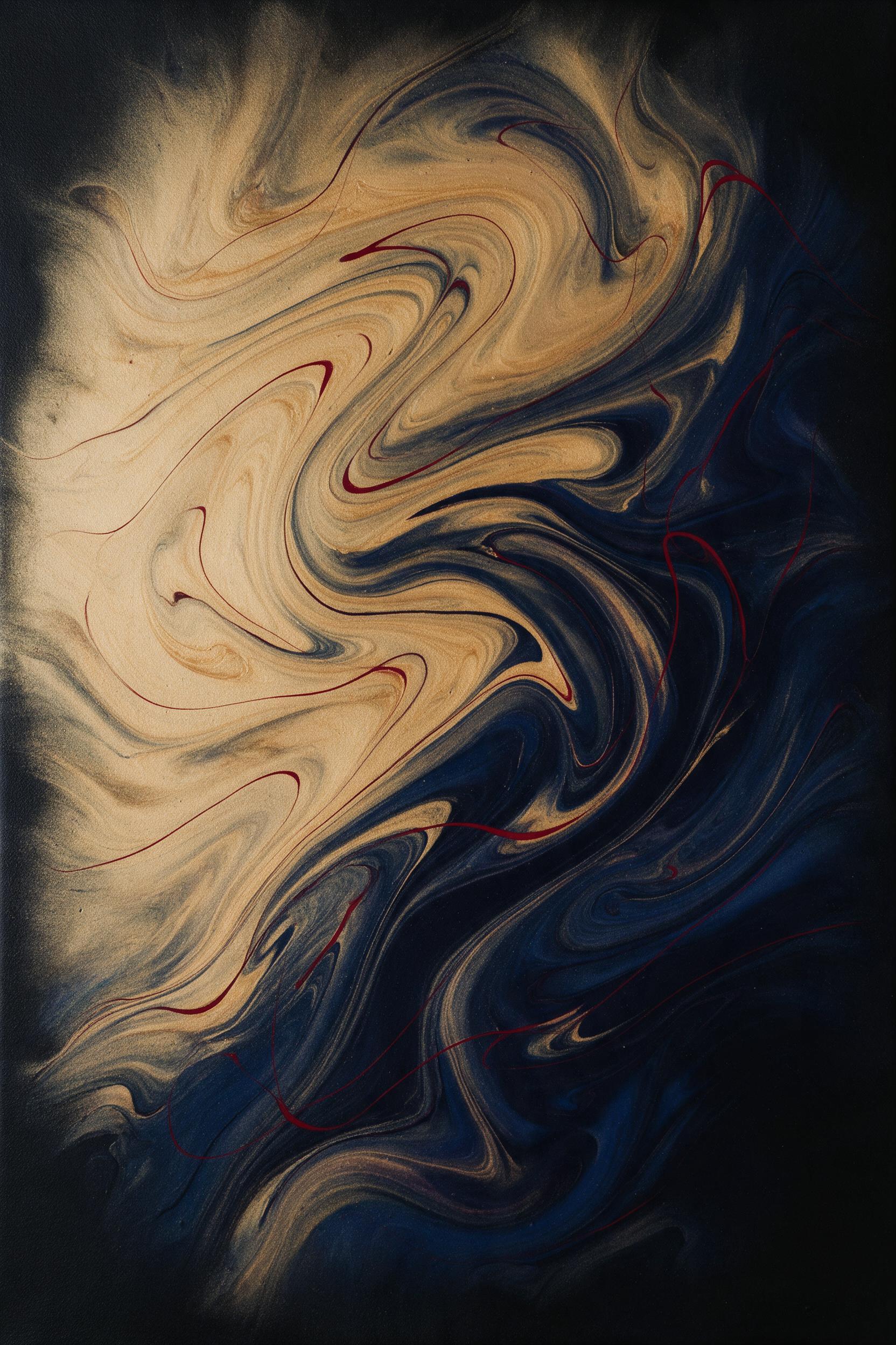 Fluid acrylic painting on canvas, molten gold and deep indigo swirling together, sharp red accent threads pulling through, soft studio lighting casts gentle shadows, edges fade into matte black, minimalistic composition, no text, no watermark, subtle brushstroke texture visible