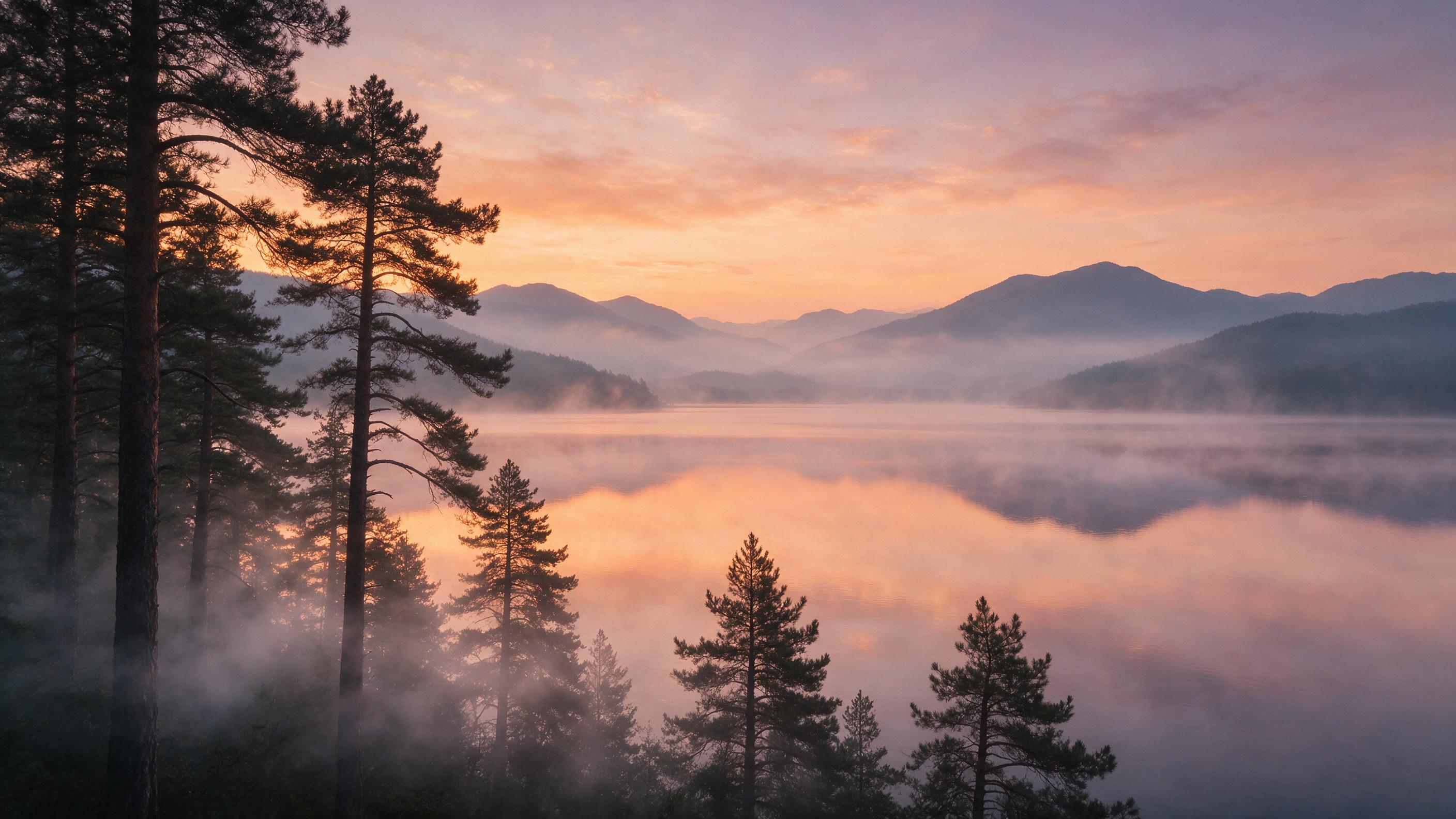 Mist curling over a calm lake at dawn, pine trees silhouetted against soft orange and purple sky, distant mountains reflecting on water, gentle fog, wide-angle landscape composition, serene natural lighting with soft haze