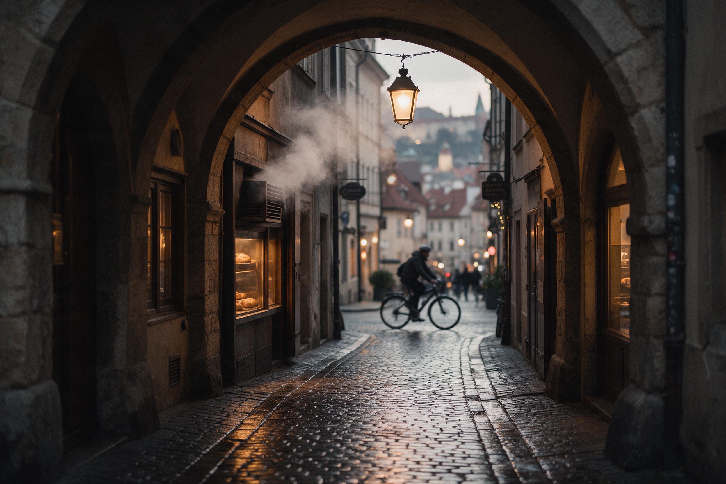 A cozy narrow street in a European old town at dusk, warm light from hanging lanterns reflecting on wet cobblestones, a cyclist passing by, steam rising from a bakery vent, muted tones with soft bokeh, slight film grain, natural framing through old arches