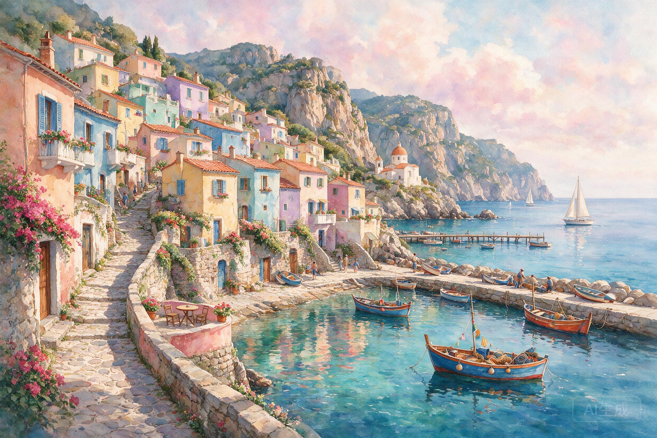 Watercolor painting of a coastal village, colorful houses on a hillside, fishing boats in the harbor, soft pastel colors