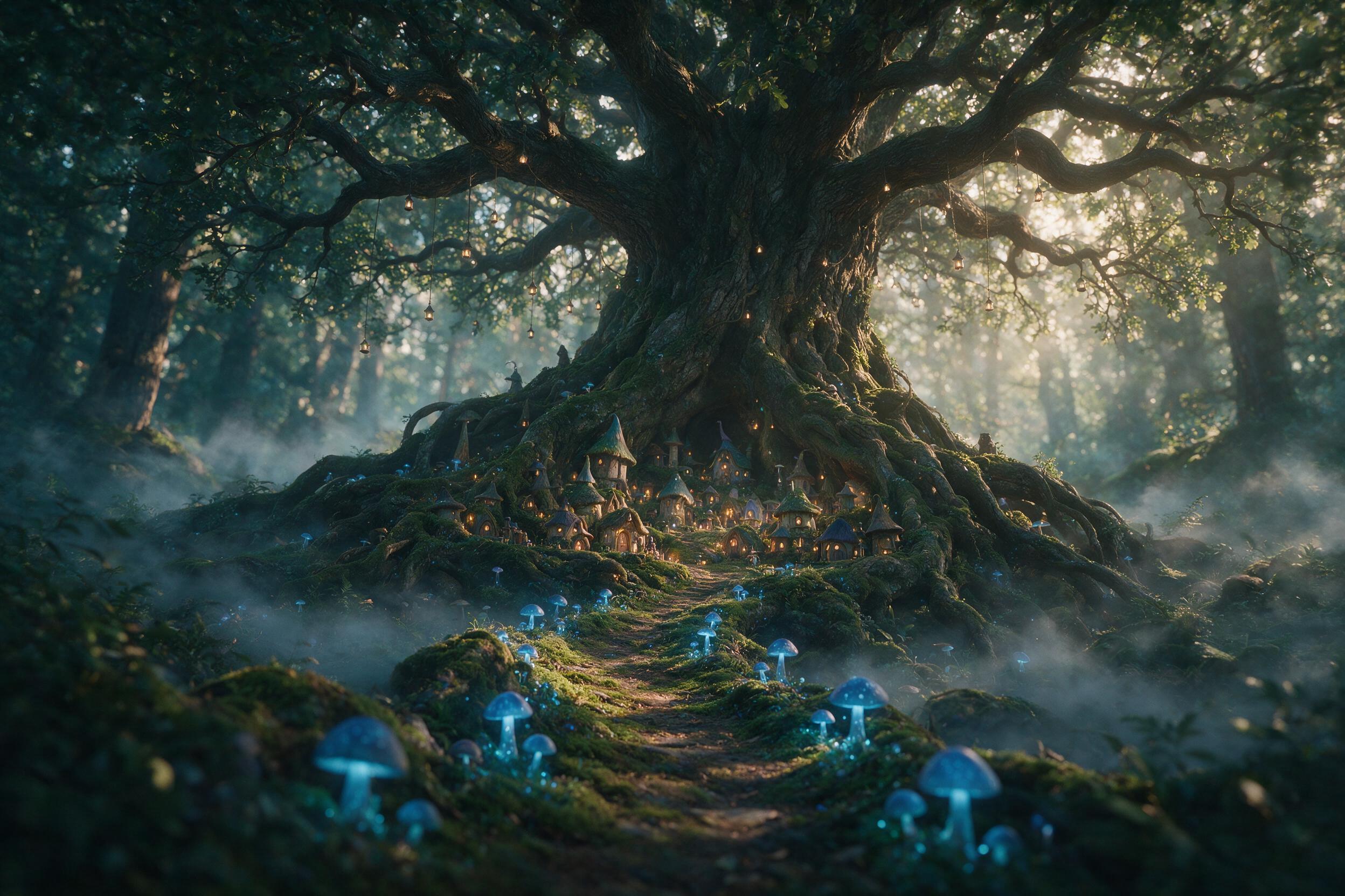 A hidden faerie village cradled in ancient oak roots. Glowing blue mushrooms light a mossy path, tiny lanterns hang from gnarled branches. Mist weaves through the forest floor, soft golden hour rays filter through canopy. Wide-angle view, shallow depth, cool tones with warm accents.