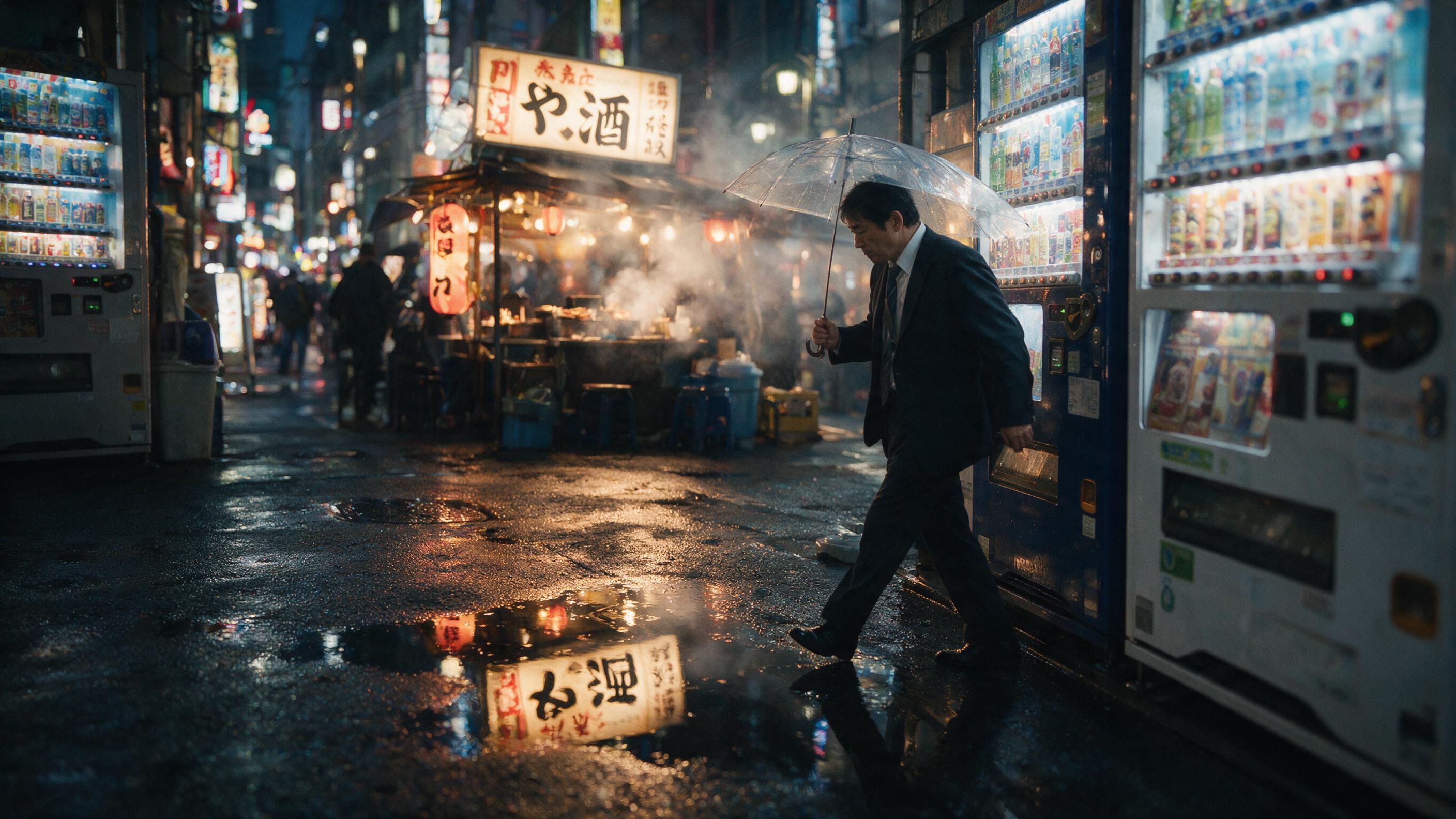 A rainy evening on a neon-lit Tokyo street, reflections of izakaya signs on wet asphalt, a lone salaryman with a transparent umbrella walking past vending machines, steam rising from a food stall, shallow depth of field, cinematic composition, natural streetlight glow.