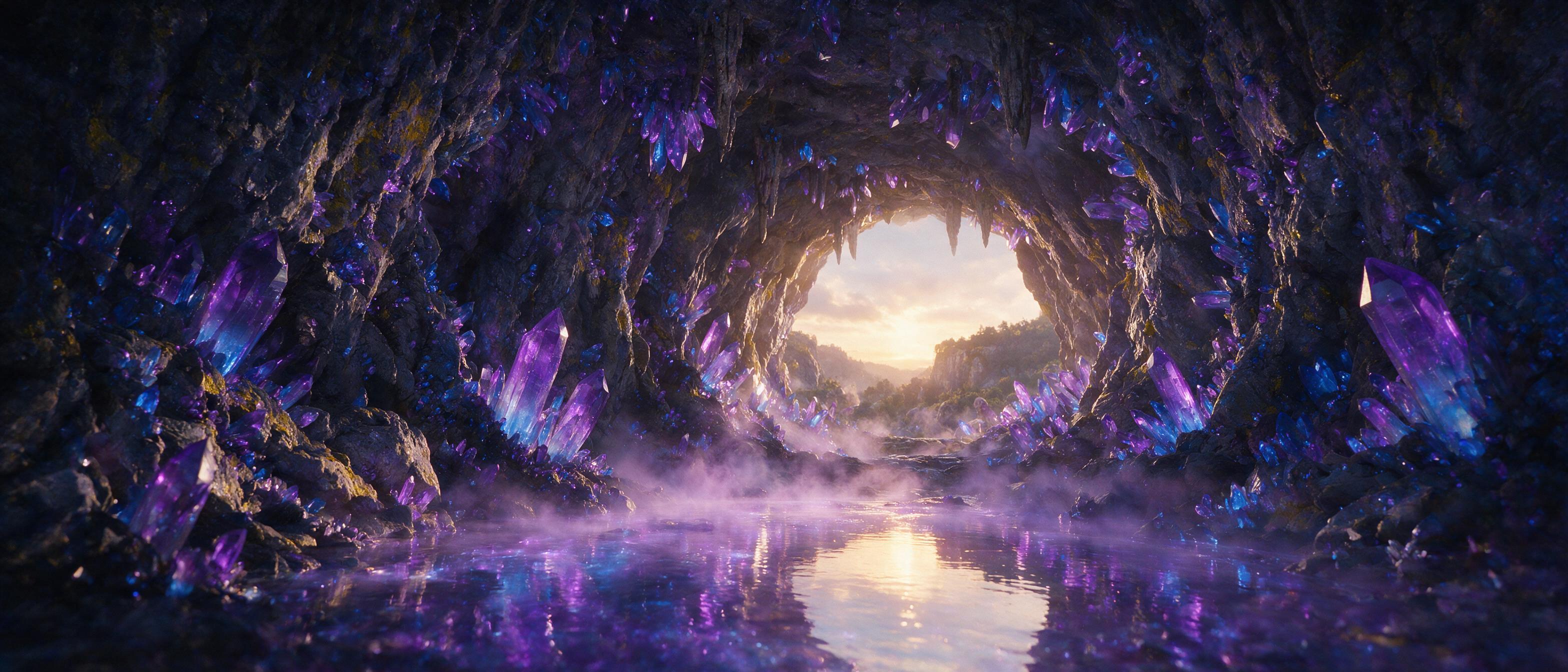 A luminous crystal cave deep underground, glowing purple and blue crystals protruding from rough stone walls, a small pool of liquid light reflecting the scene, soft mist rising, warm golden light from a distant opening, shot with a wide-angle lens, cinematic composition