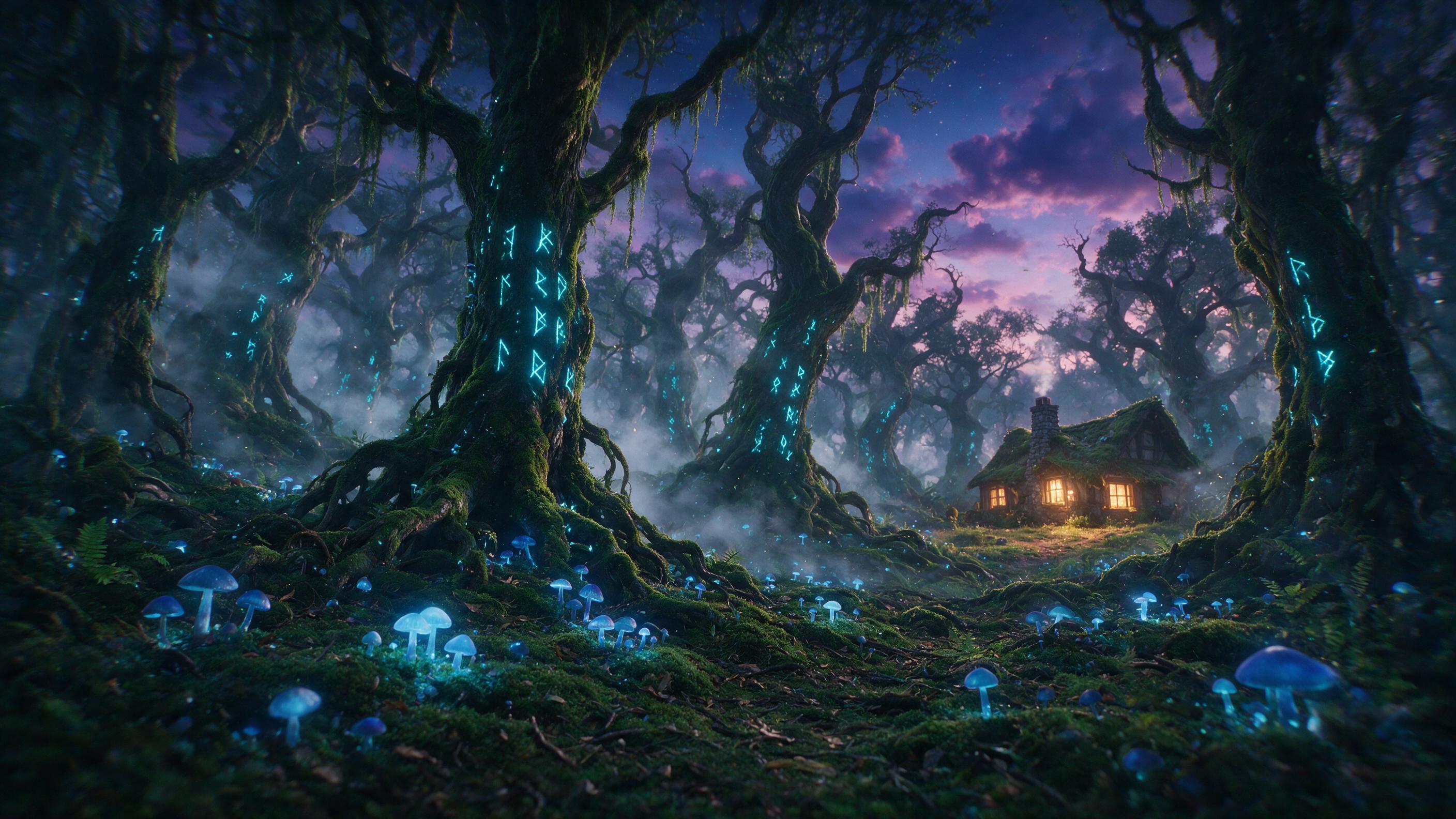 A mystical forest at twilight, bioluminescent mushrooms casting soft blue light on mossy ground, ancient twisted trees with glowing runes, floating dust particles in the air, ethereal mist winding between trunks, warm amber light from a distant cottage window, slight camera shake adding dreamy quali