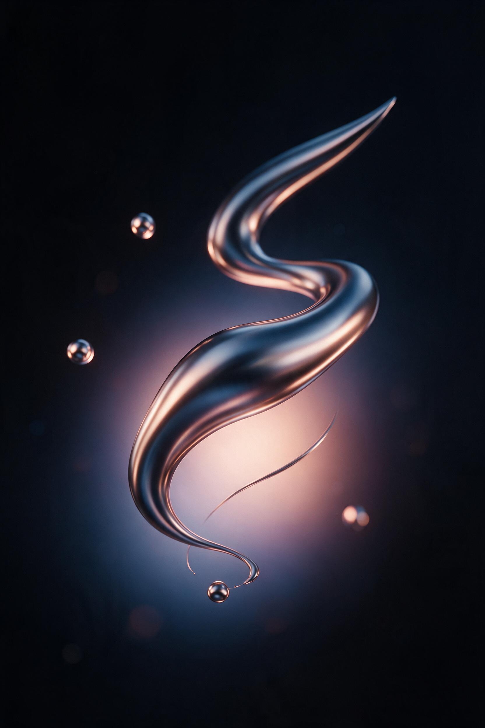 A minimalist composition of flowing liquid metal, smooth curves reflecting a soft gradient of midnight blue and rose gold, suspended in a dark void, subtle surface tension, ambient backlight creating a halo effect, shallow depth of field emphasizing the polished texture.